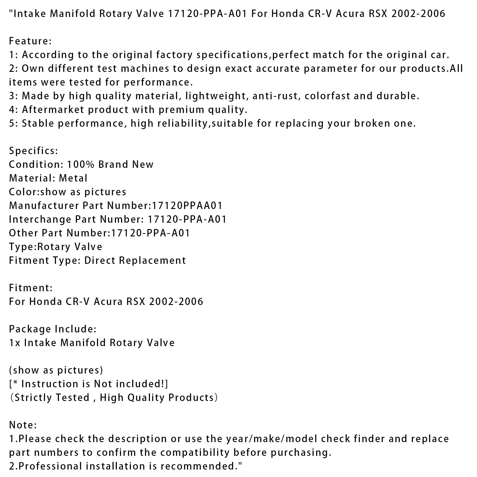 2002-2006 Honda CR-V Acura RSX Intake Manifold Rotary Valve 17120-PPA-A01