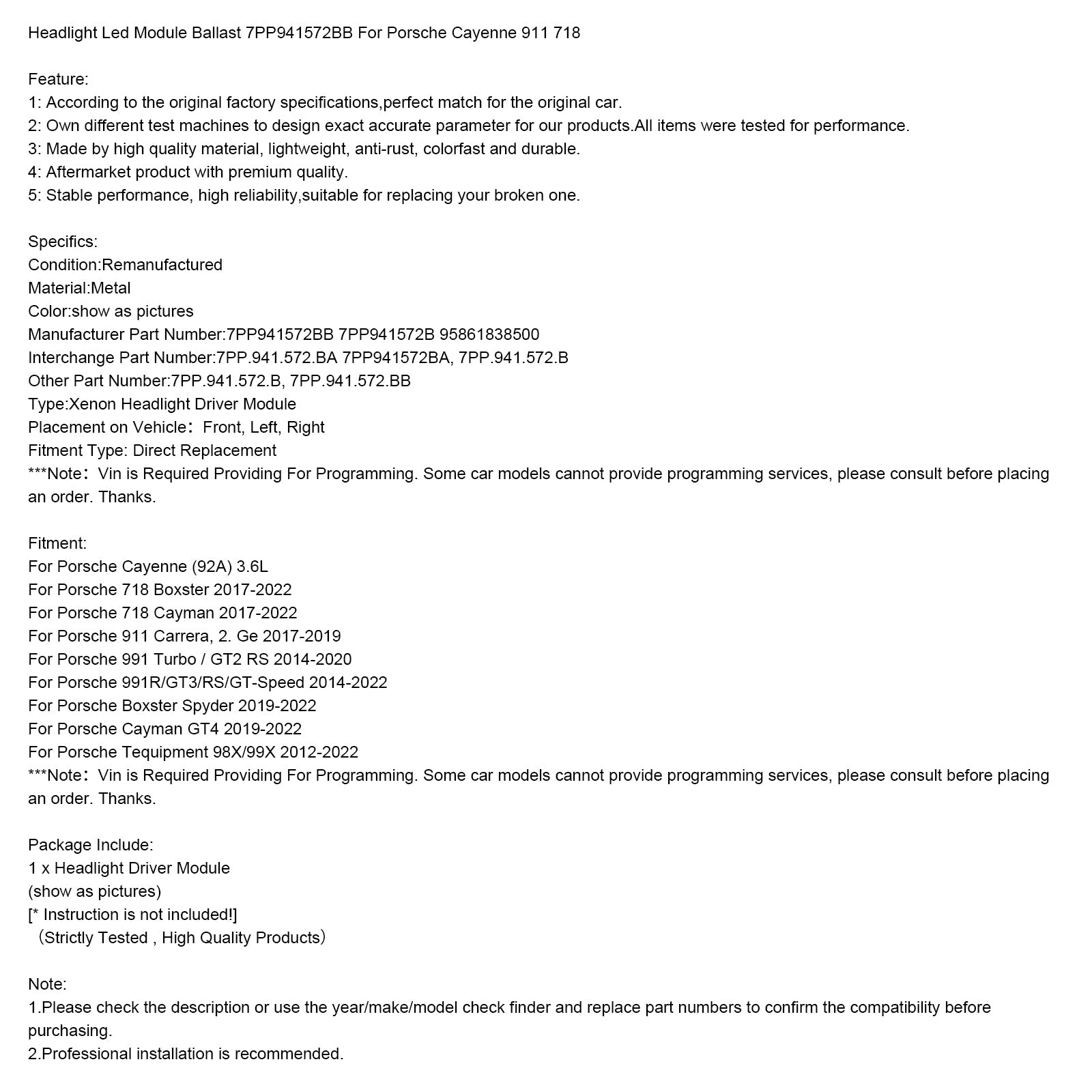 2017-2022 Porsche 718 Boxster Headlight Led Module Ballast 7PP941572BB 95861838500