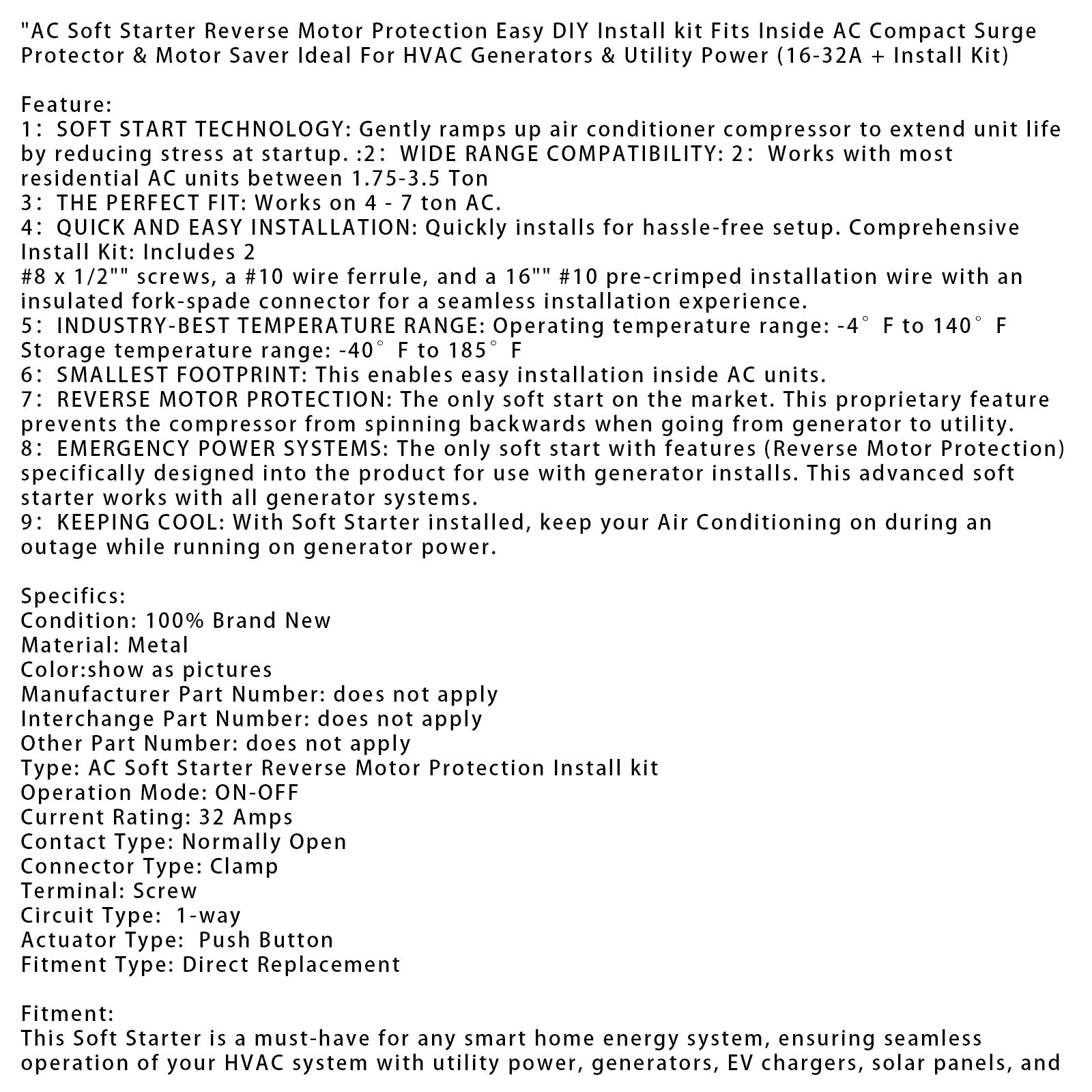 AC Soft Starter Reverse Motor Protection (16-32A + Install Kit)