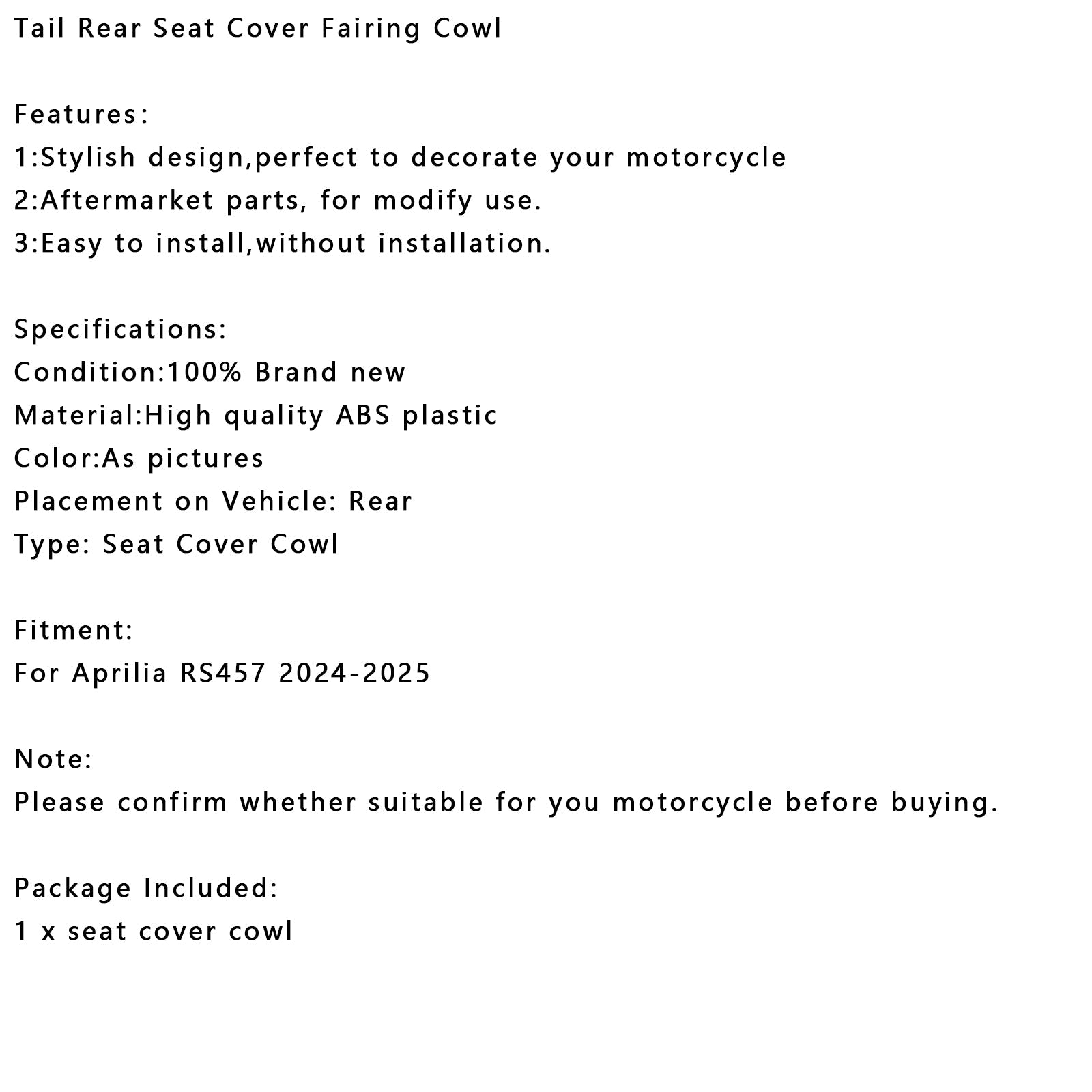 2024-2025 Aprilia RS 457 Tail Rear Seat Cover Fairing Cowl