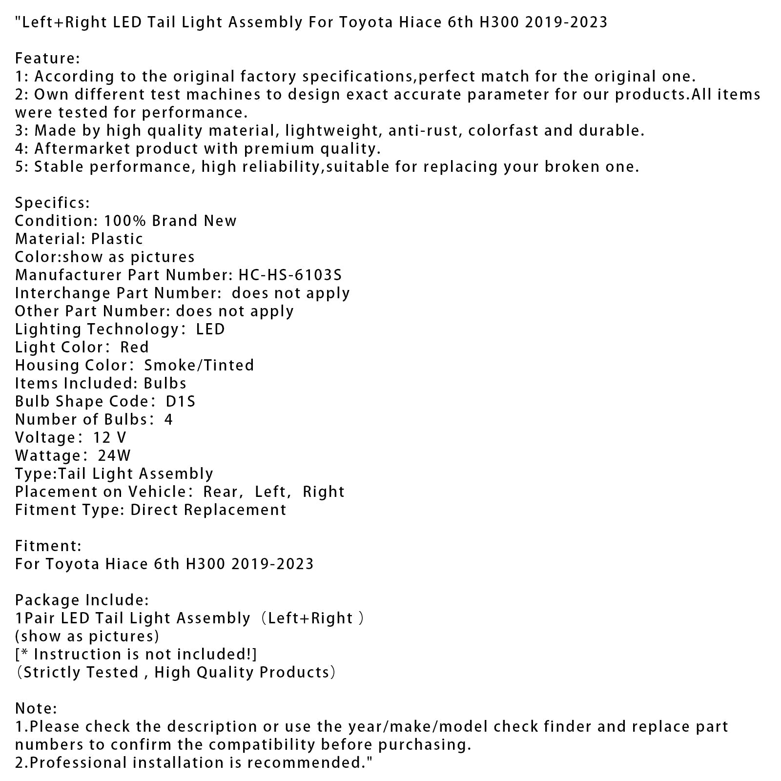 2019-2023 Toyota Hiace 6th H300 Left+Right LED Tail Light Assembly