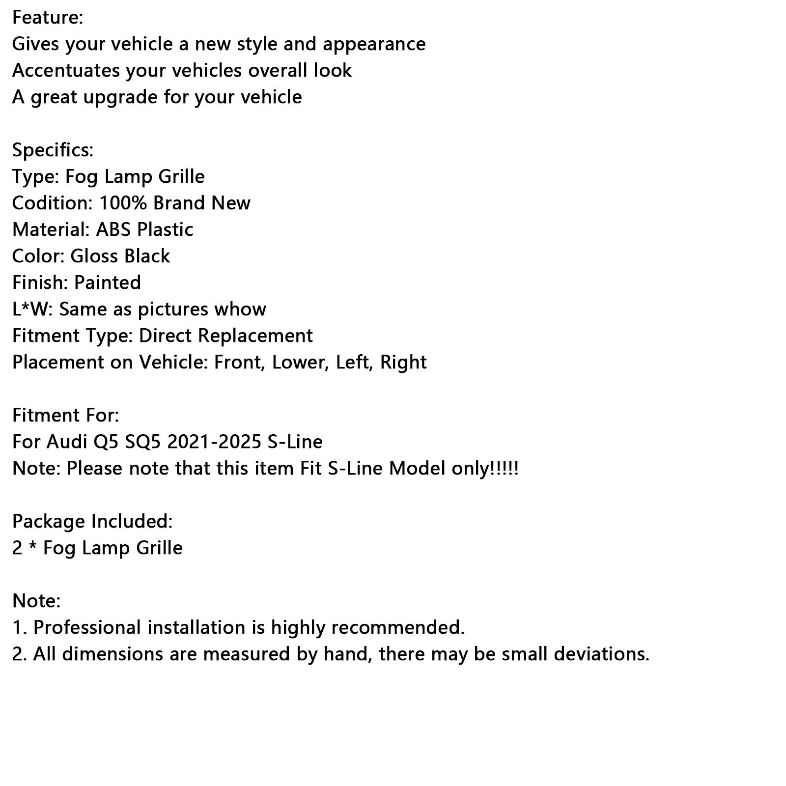 2021-2025 Audi Q5 SQ5 S-Line RSQ5 Style Front Fog Lamp Grille Cover Black