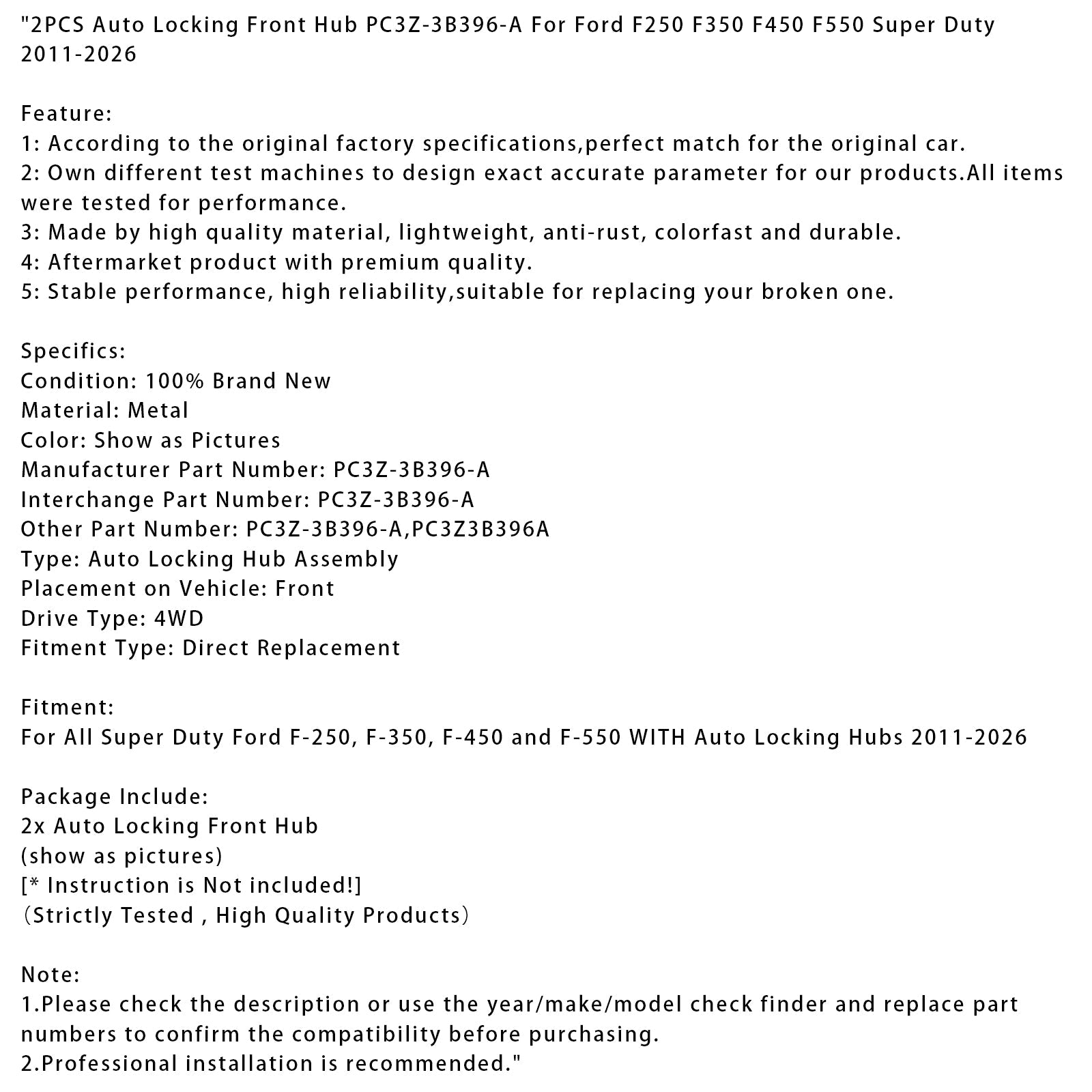 2011-2026 Ford F250 F350 F450 F550 Super Duty 2PCS Auto Locking Front Hub