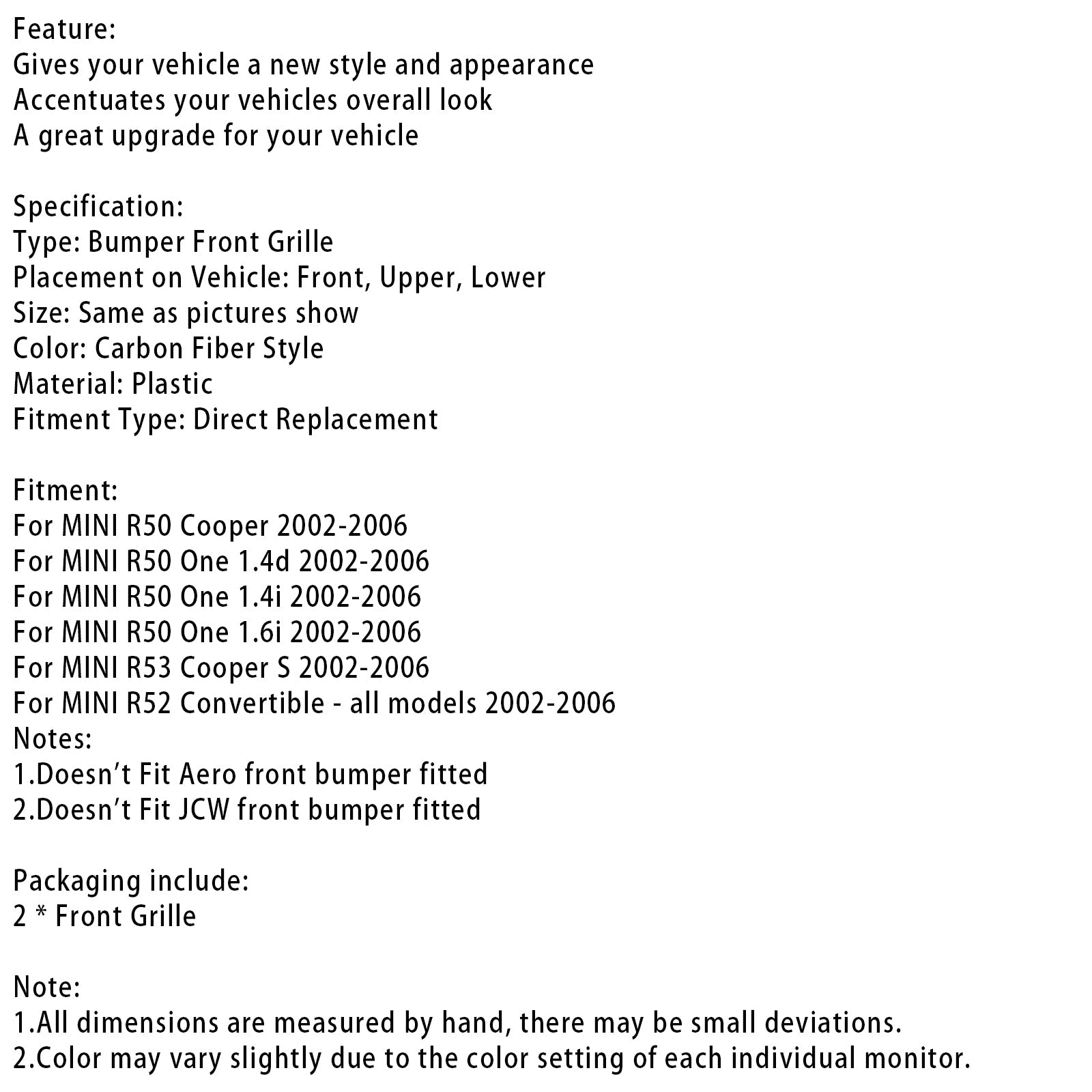 2PCS Honeycomb Mesh Front Grille Grill Fit Mini Cooper R50 R52 R53 2002-2006