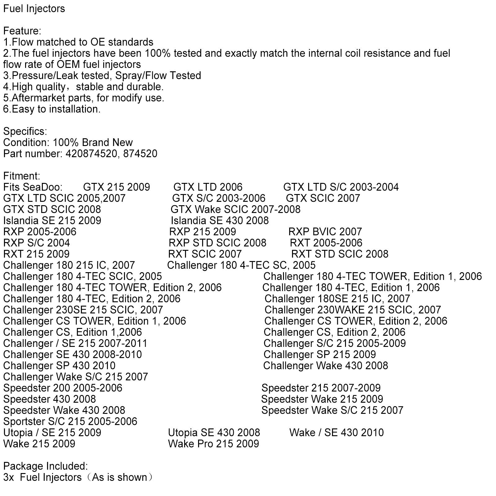 3PCS 420874520 Fuel Injectors 874520 For Sea-Doo GTX 4 TEC GTX 215 GTX RXP