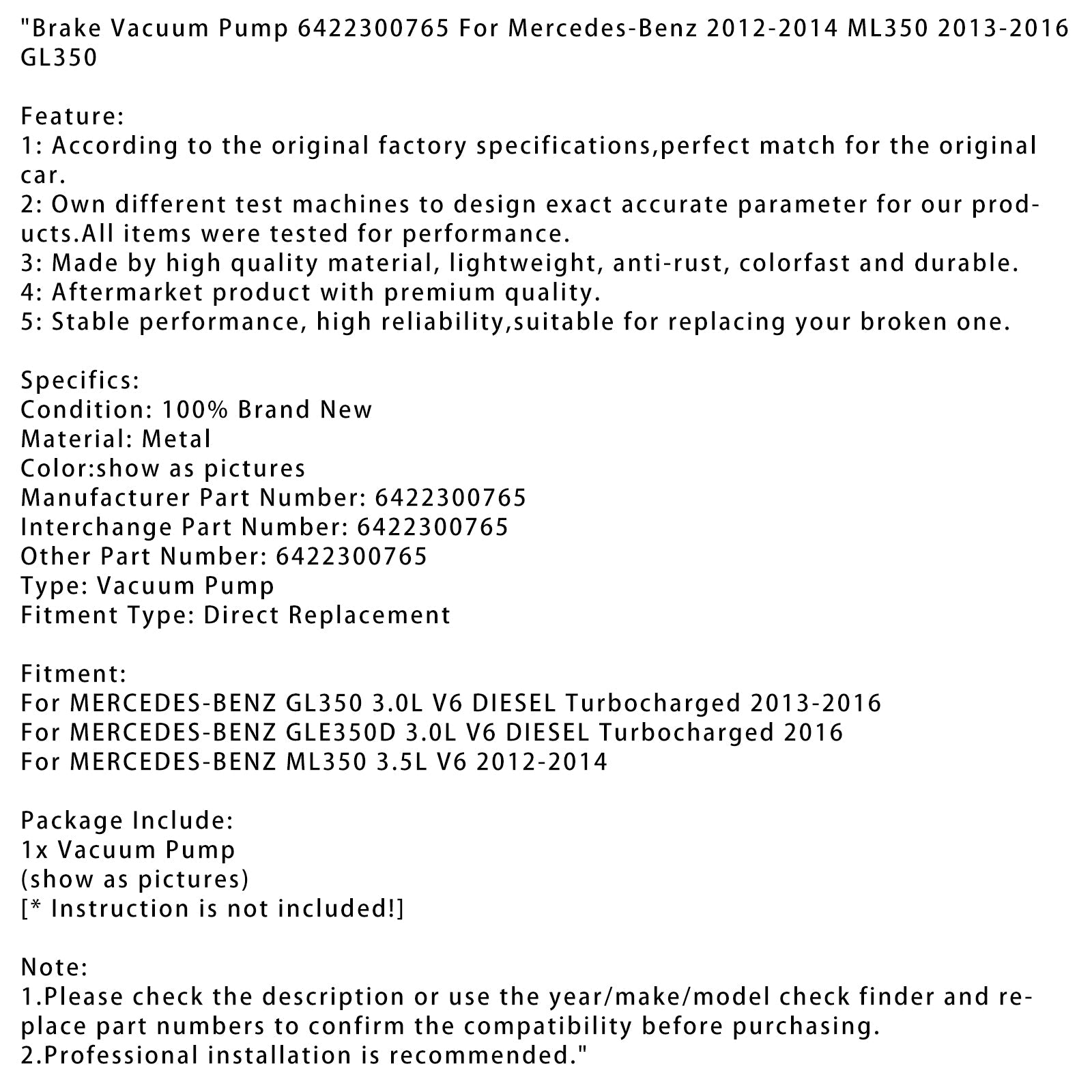 메르세데스-벤츠 2012-2014 ML350 2013-2016 GL350 용 브레이크 진공 펌프 6422300765