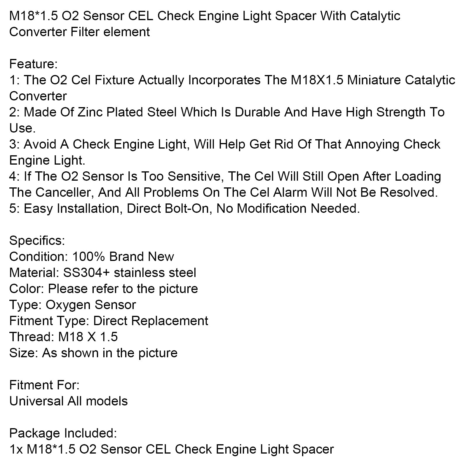 M18*1.5 O2 Sensor CEL Check Engine Light Spacer W/Catalytic Converter Filter element