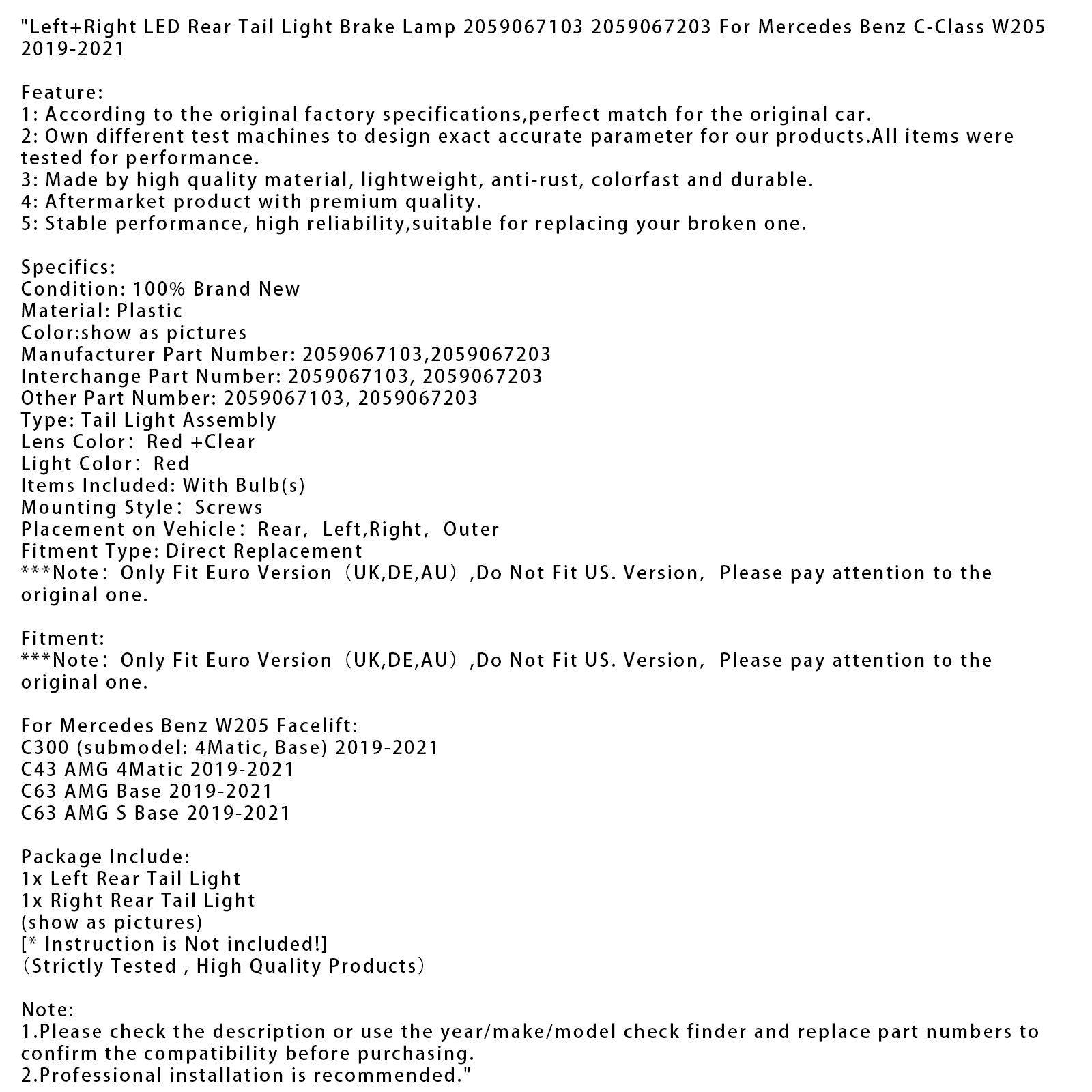 Left+Right LED Rear Tail Light Brake Lamp For Mercedes C-Class W205 2019-2021 2059067103 2059067203