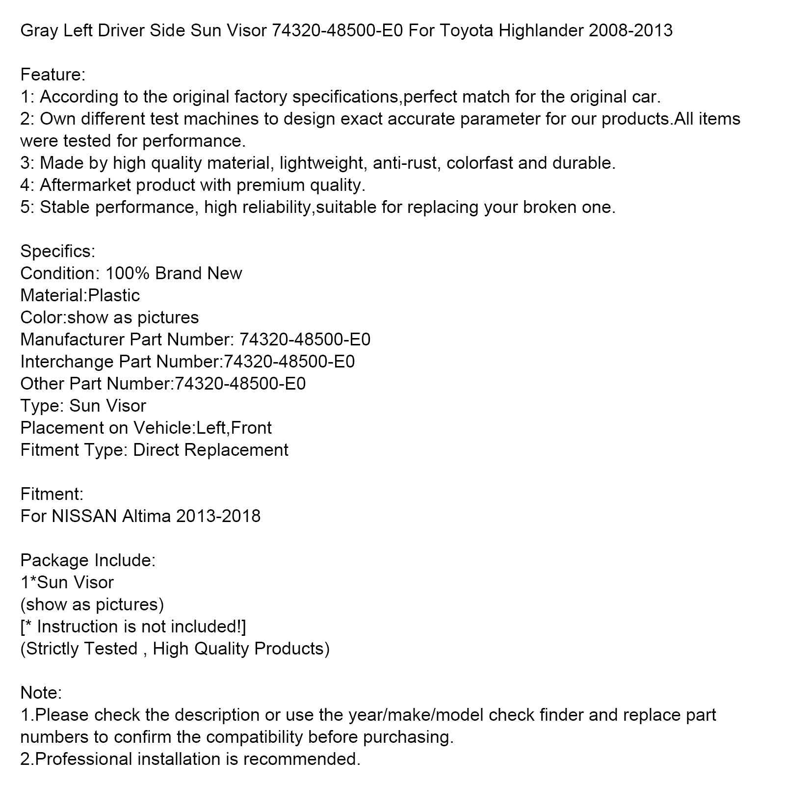 2008-2017 Honda Accord Gray Left Side Sun Visor 74320-48500-E0