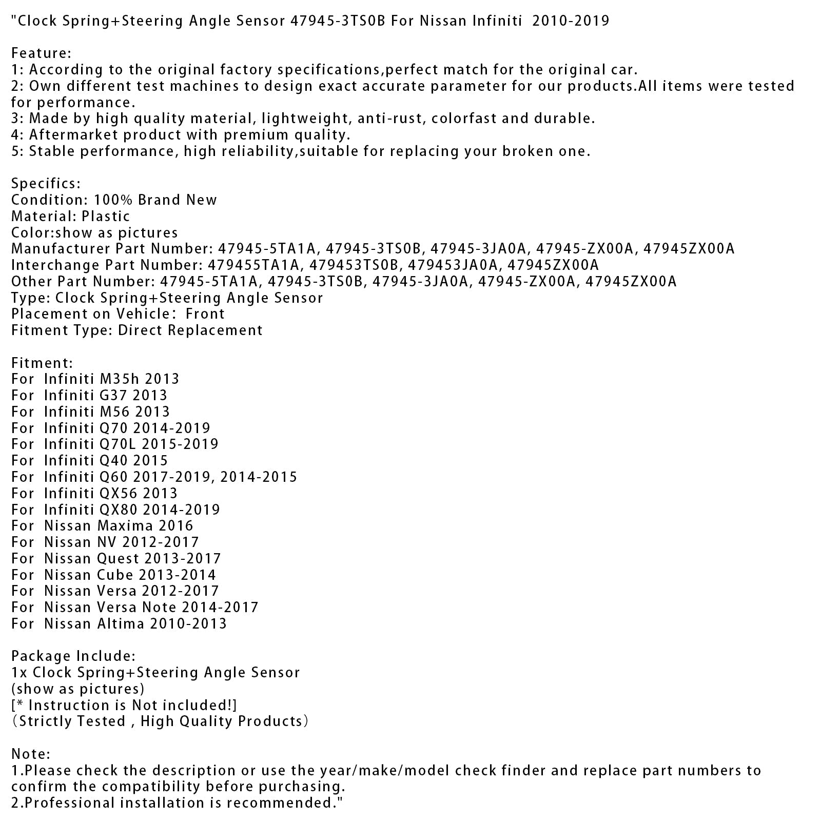 2013 Infiniti M35h Clock Spring+Steering Angle Sensor 47945-3TS0B 47945-5TA1A