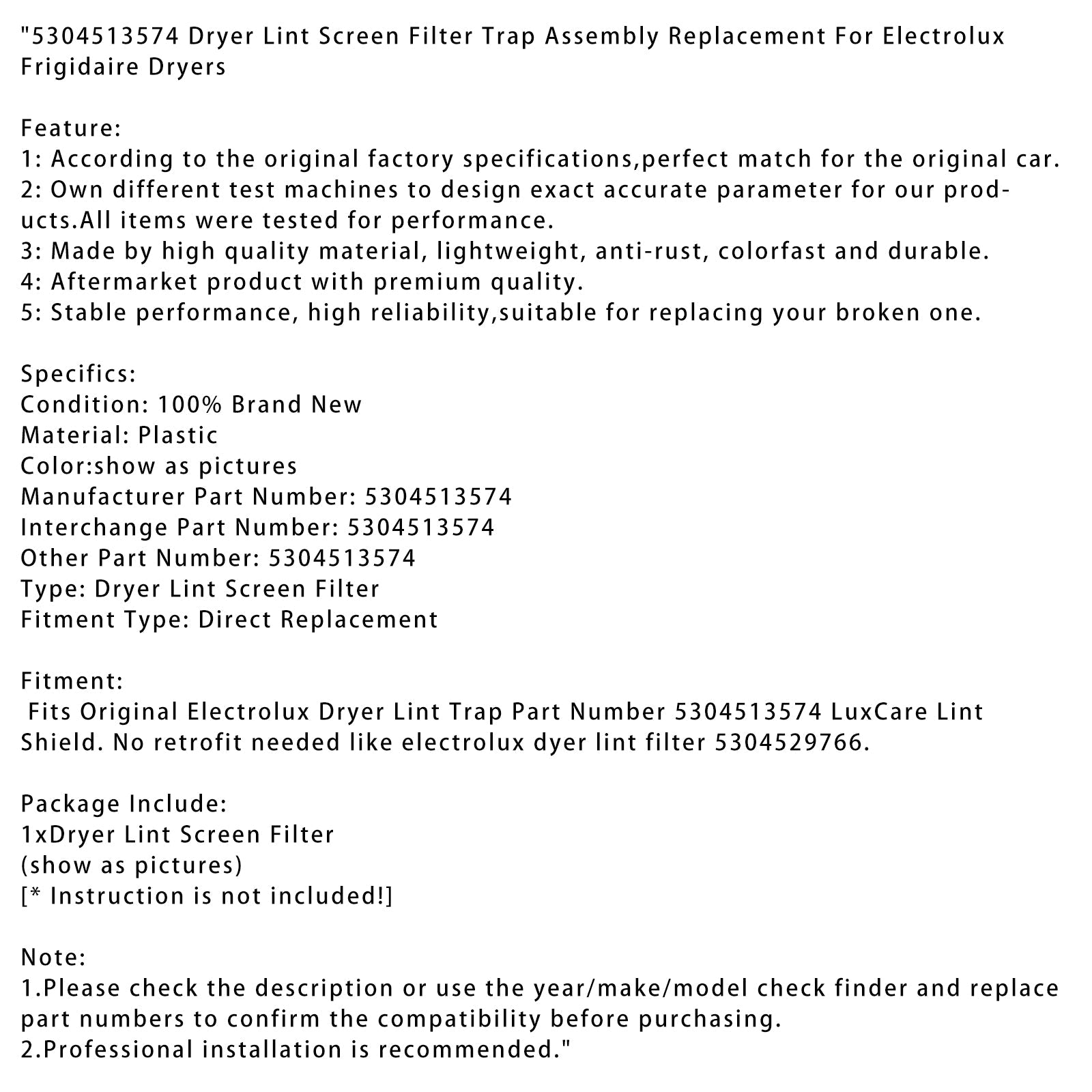 5304513574 Dryer Lint Screen Filter Trap For Electrolux Frigidaire Dryers