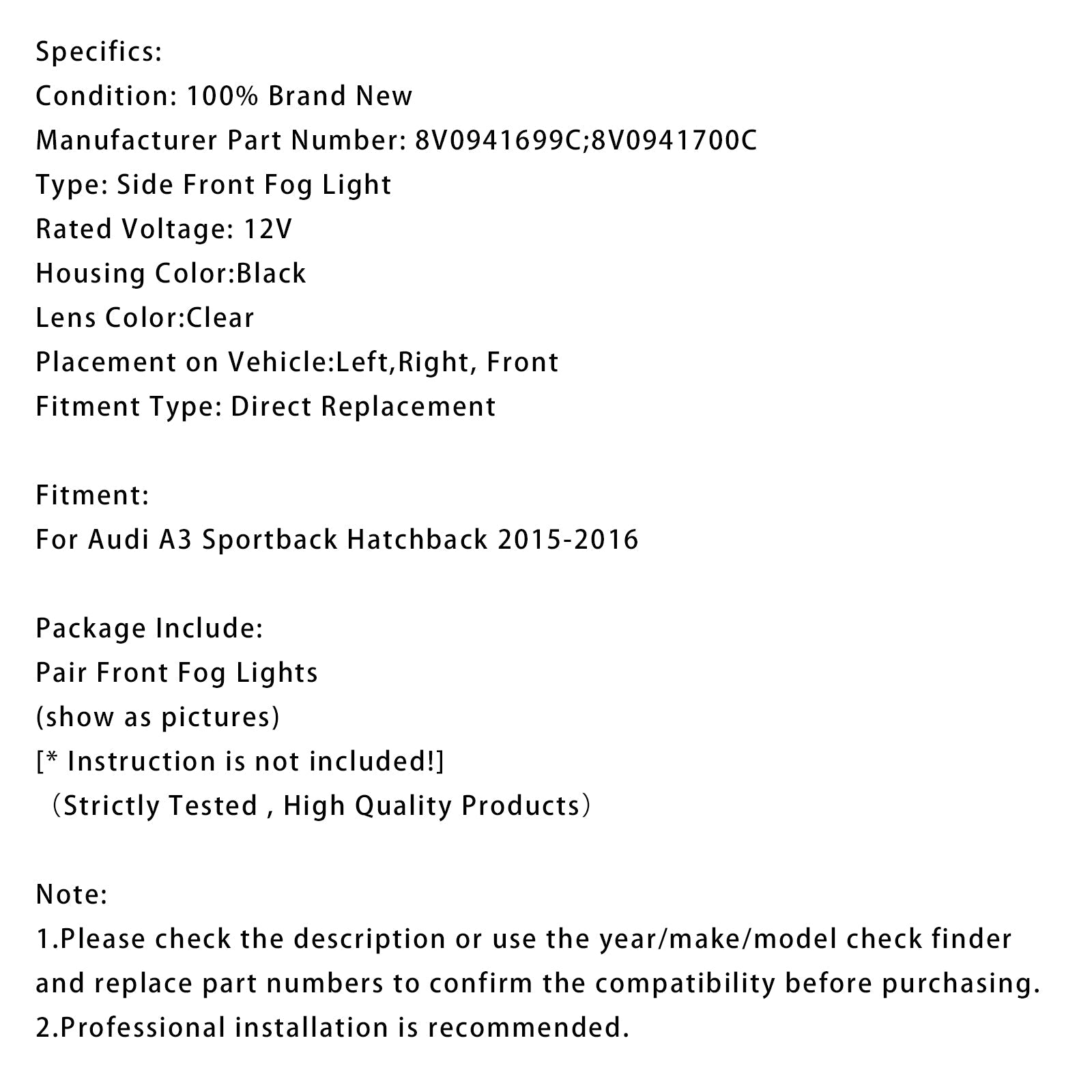 2015-2016 Audi A3 Sportback Pair Front Fog Light Lamps With Bulbs 8V0941700C