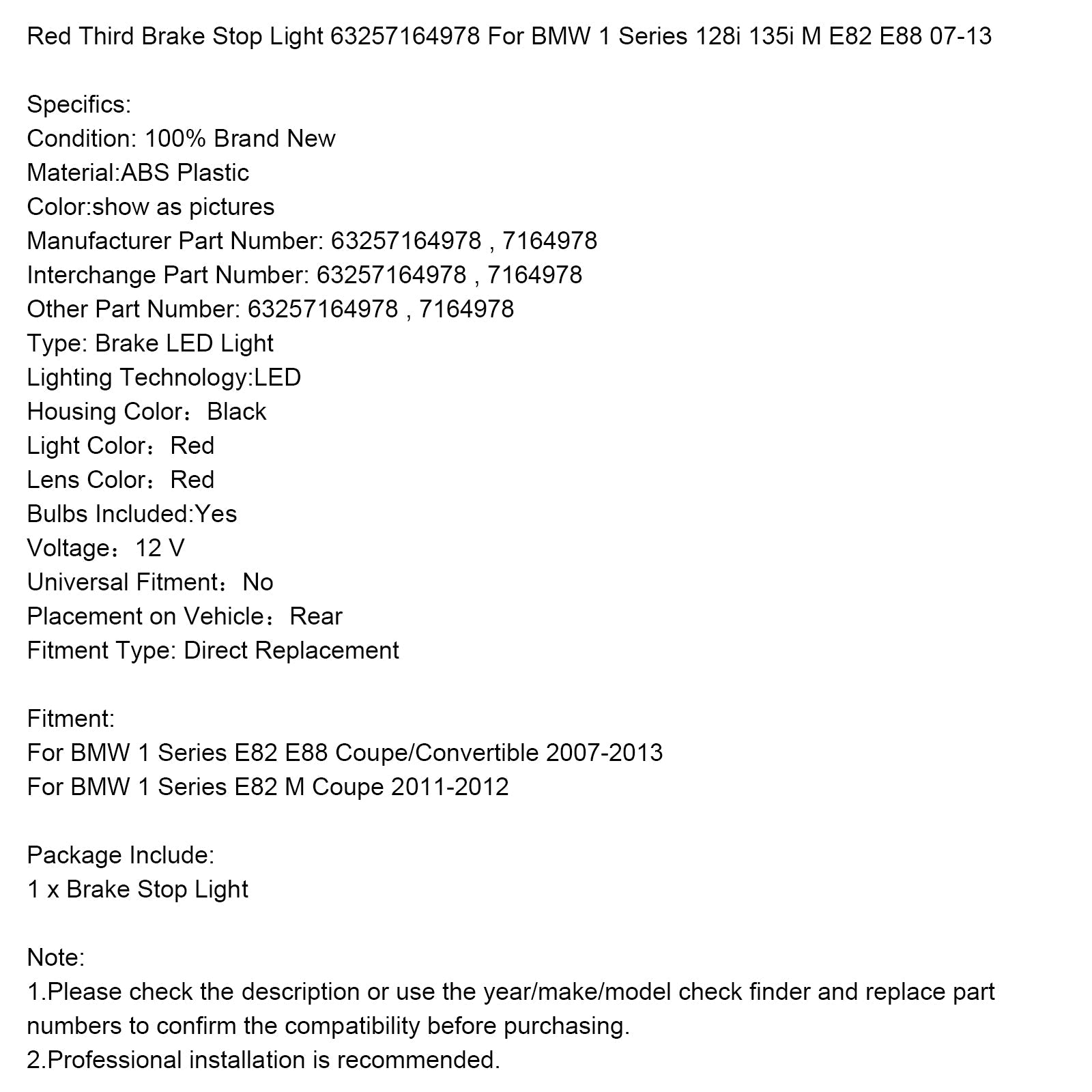 Red Third Brake Stop Light 63257164978 For BMW 1 Series 128i 135i M E82 E88