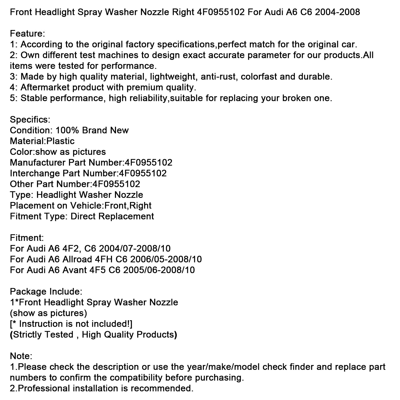 Front Headlight Spray Washer Nozzle Right 4F0955102 For Audi A6 C6 2004-2008