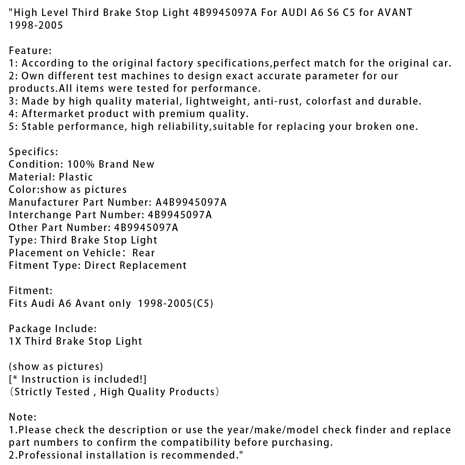 1998-2005 AUDI A6 S6 C5 AVANT High Level Third Brake Stop Light 4B9945097A