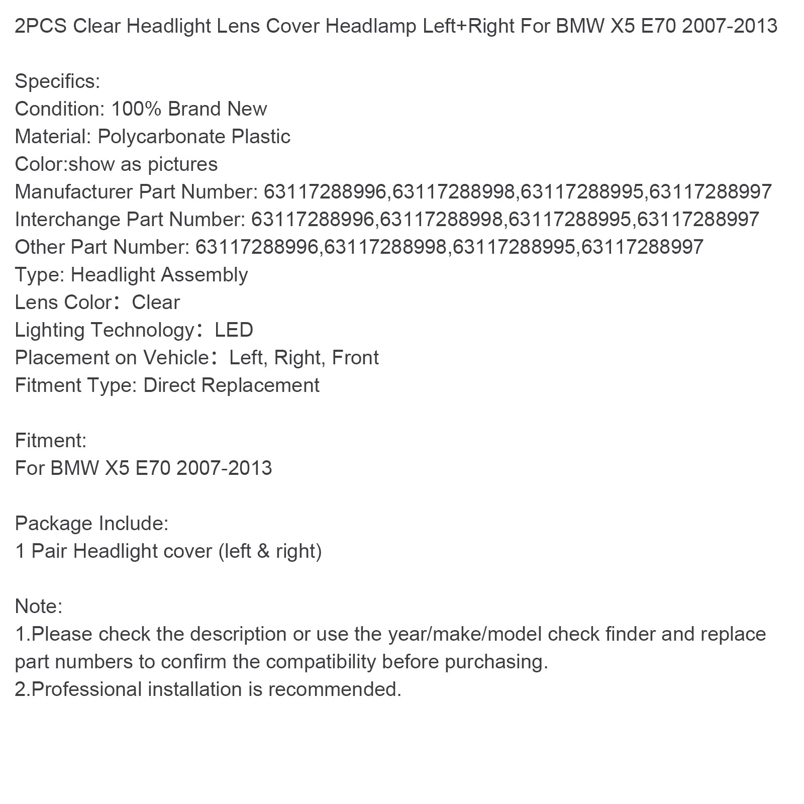 2007-2013 BMW X5 E70 2PCS Clear Headlight Lens Cover Headlamp Left+Right