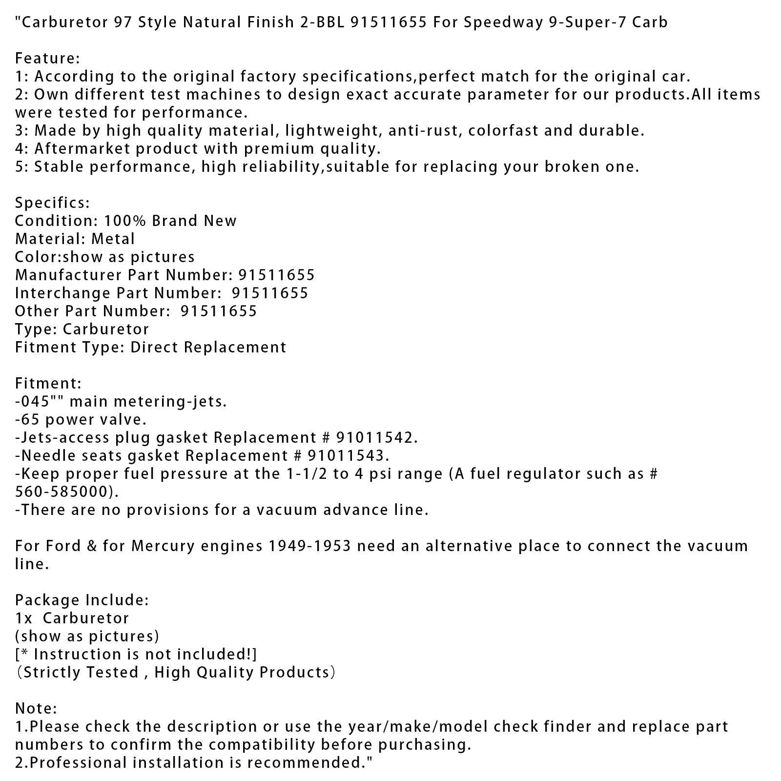 1949-1953 Ford & for Mercury engines Carburetor 97 Style Natural Finish 2-BBL 91511655