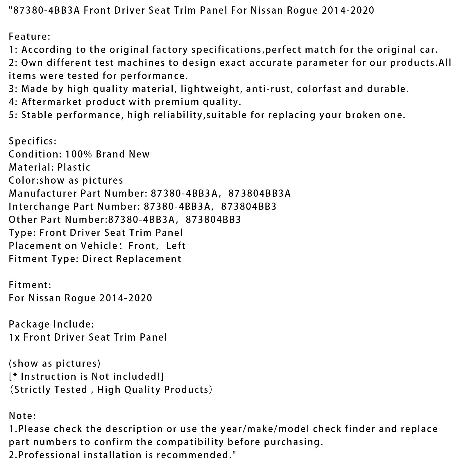 2014-2020 Nissan Rogue Front Driver Seat Trim Panel 87380-4BB3A