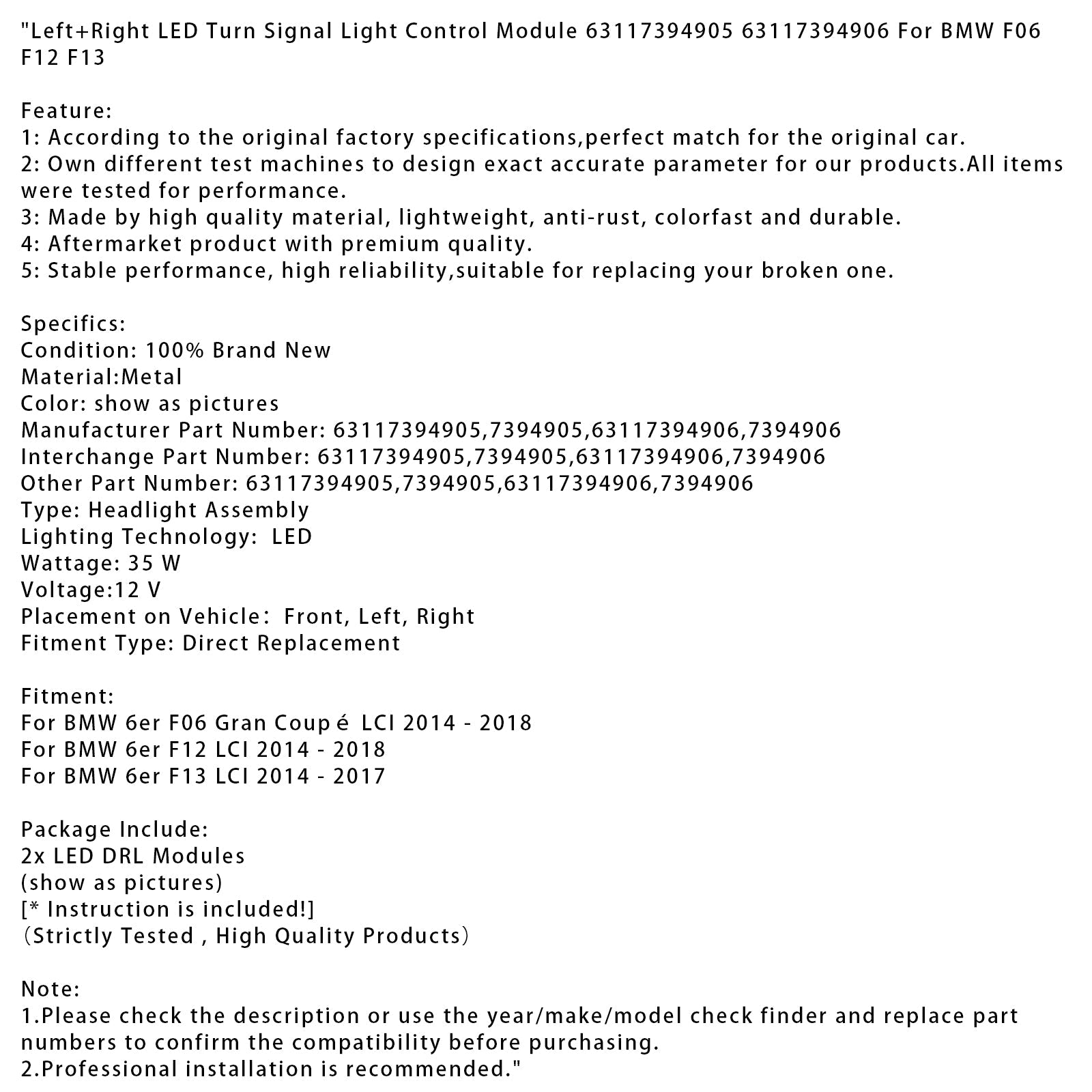 2014-2018 BMW 6er F12 LCI Left+Right LED Turn Signal Light Control Module 63117394905 7394905