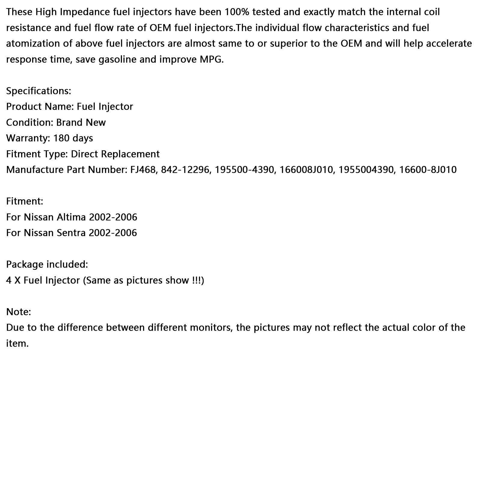 2002-2006 Nissan Altima Sentra 2.5L 4PCS Fuel Injector 195500-4390