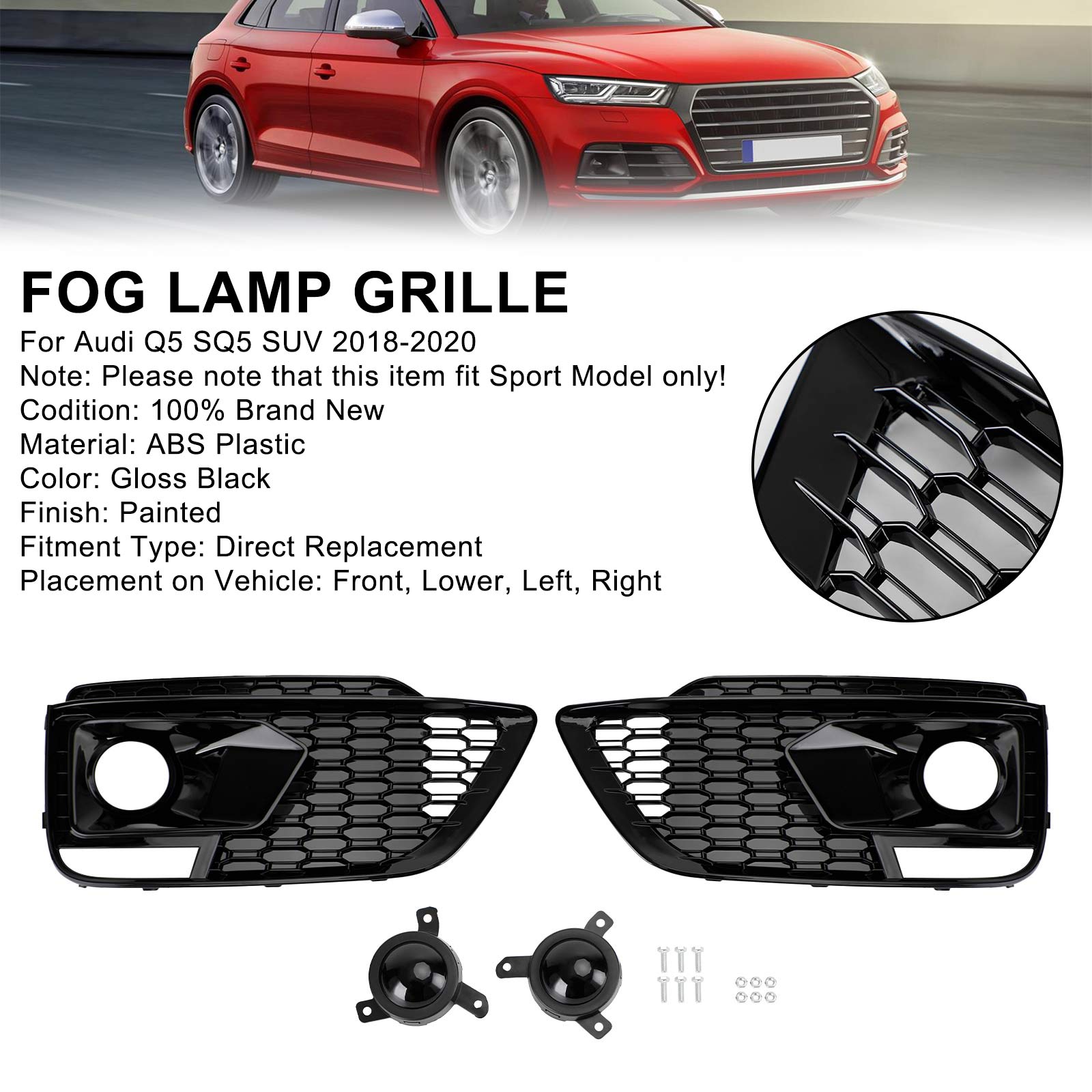 RSQ5 Black Front Honeycomb Fog Lamp Grilles Cover Fit Audi Q5 SQ5 2018-2020