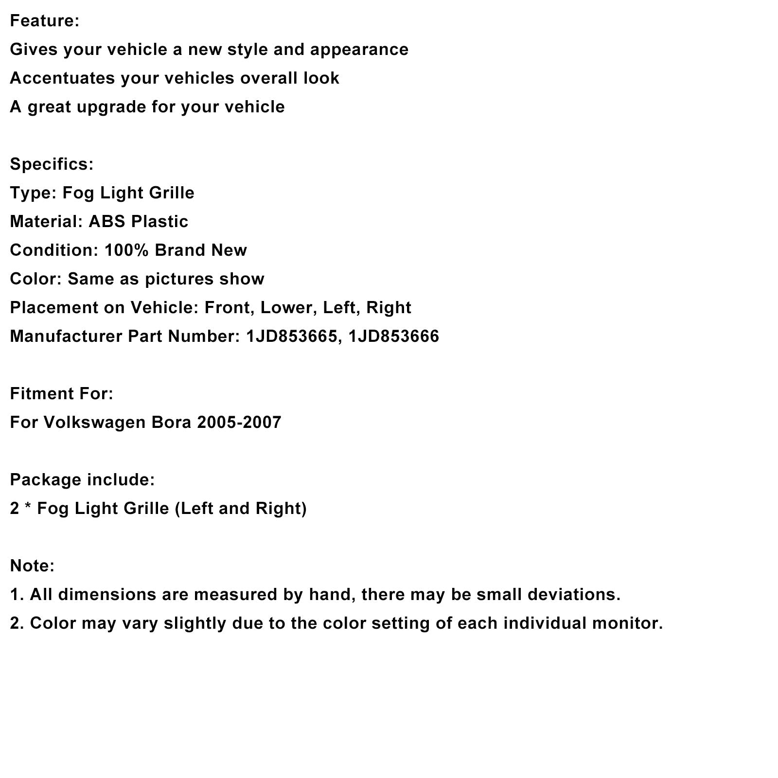 2005-2007 Volkswagen Bora Black Front Honeycomb Fog Light Grille Cover