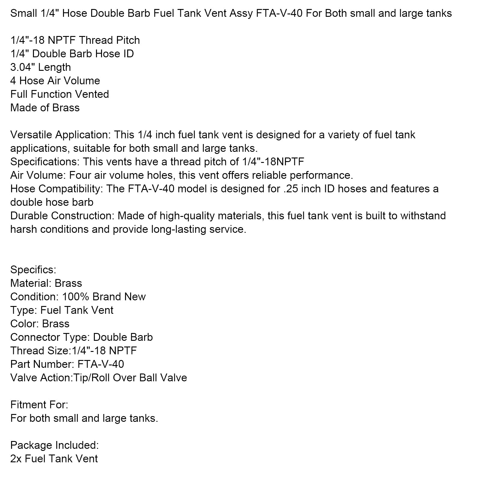 2x 1/4" ID Hose Fuel Tank Vent 1/4"-18NPTF Thread For Both small and large tanks