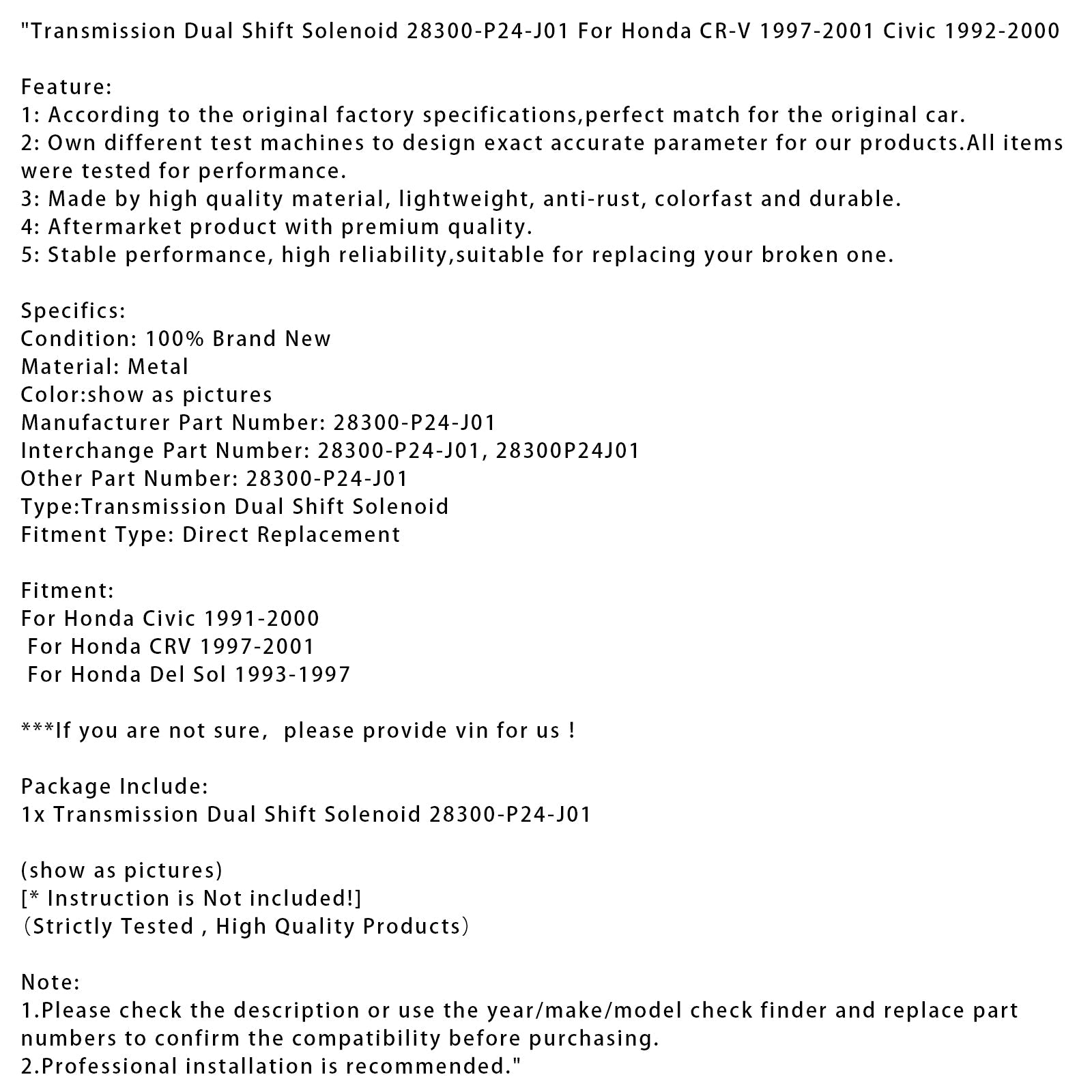 1993-1997 Honda Del Sol Transmission Dual Shift Solenoid 28300P24J01