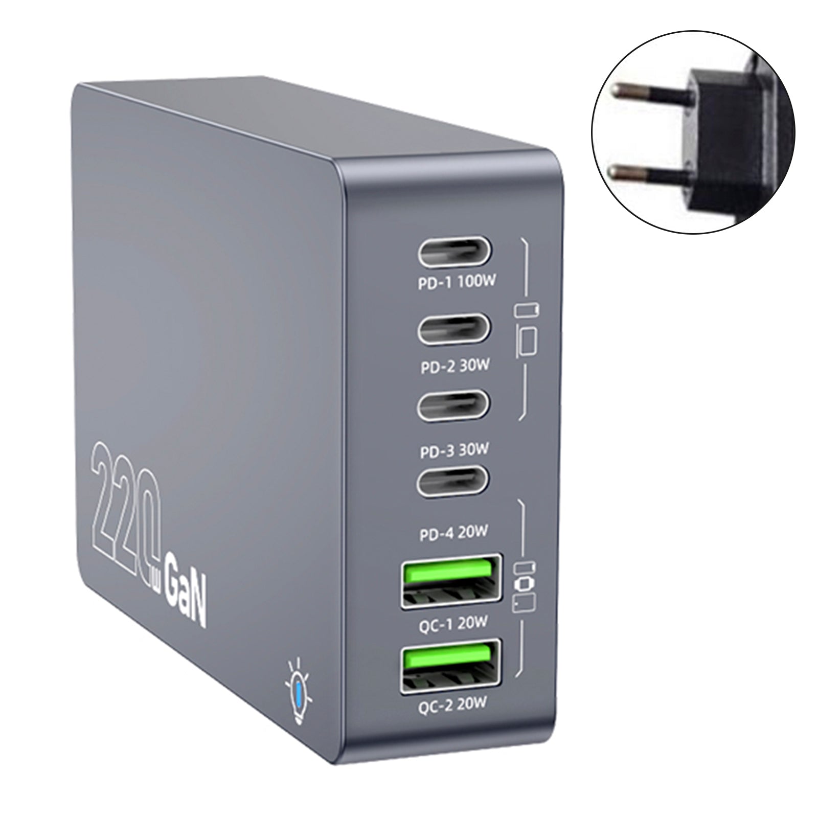 F8A Desktop Charging Station USB 6-Port Fast Charger PD100W Charging Stand Smart Charger EU Plug