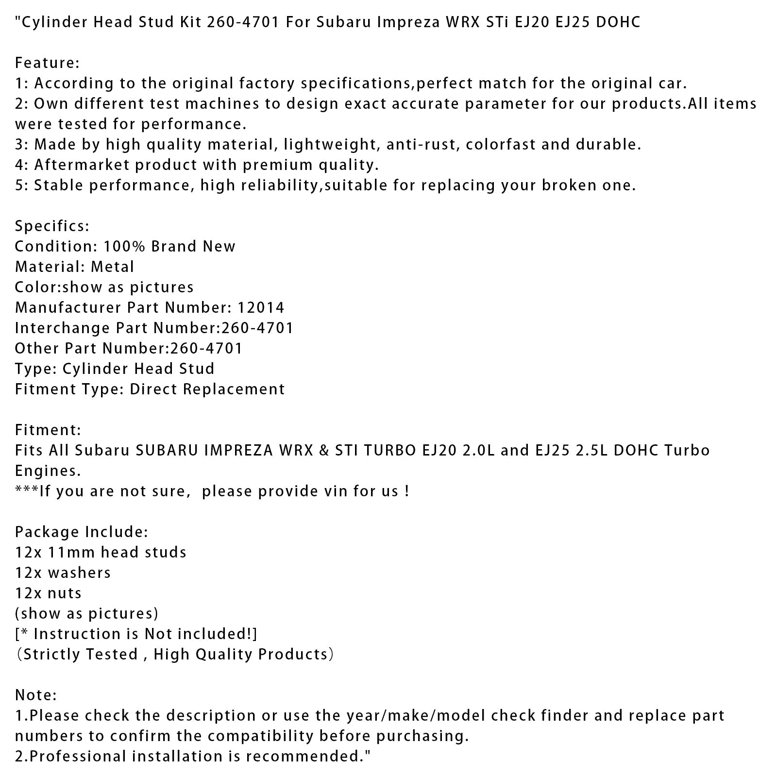 Subaru Impreza WRX STi EJ20 EJ25 DOHC Cylinder Head Stud Kit 260-4701