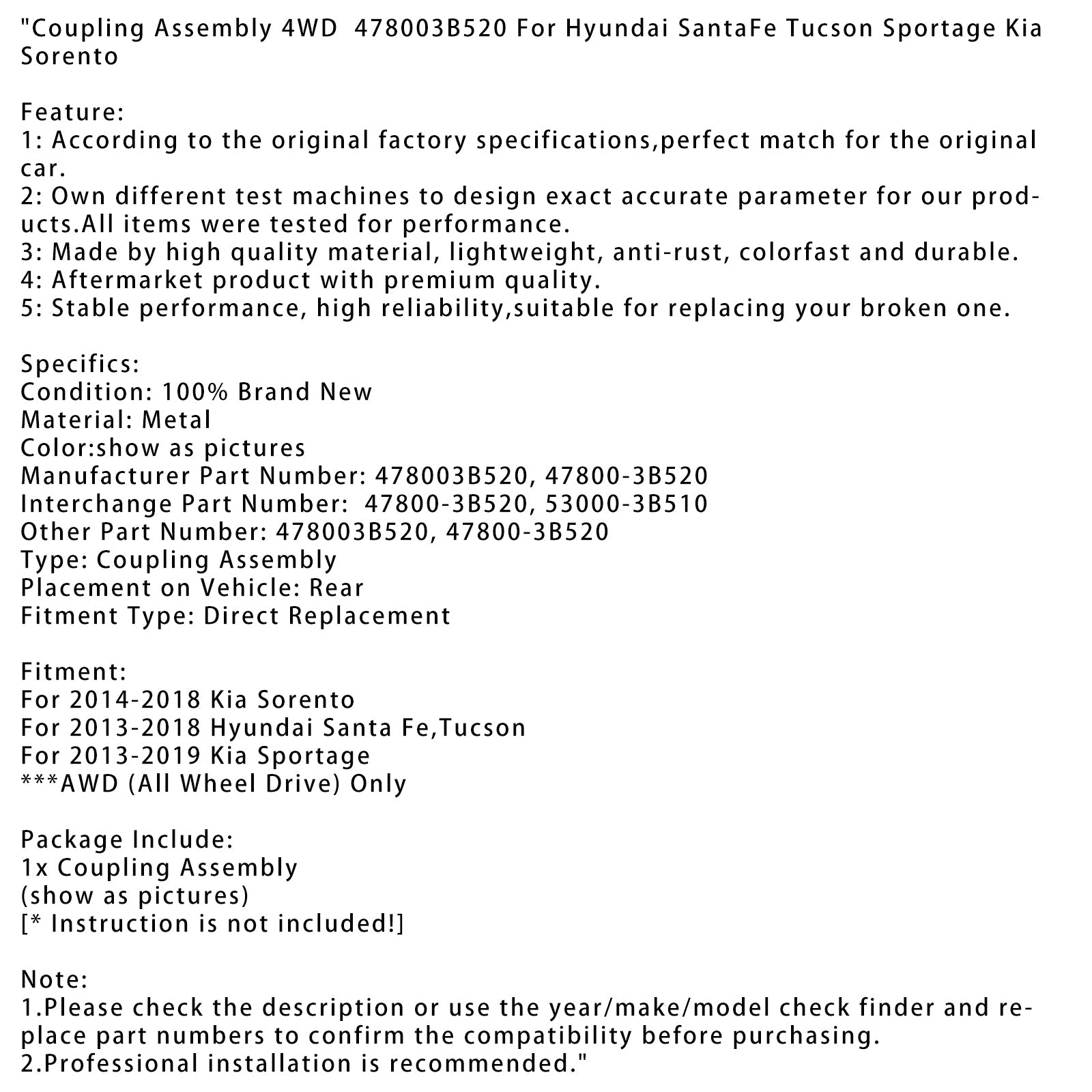 Coupling Assembly 4WD 478003B520 For 2013-2018 Hyundai Santa Fe,Tucson