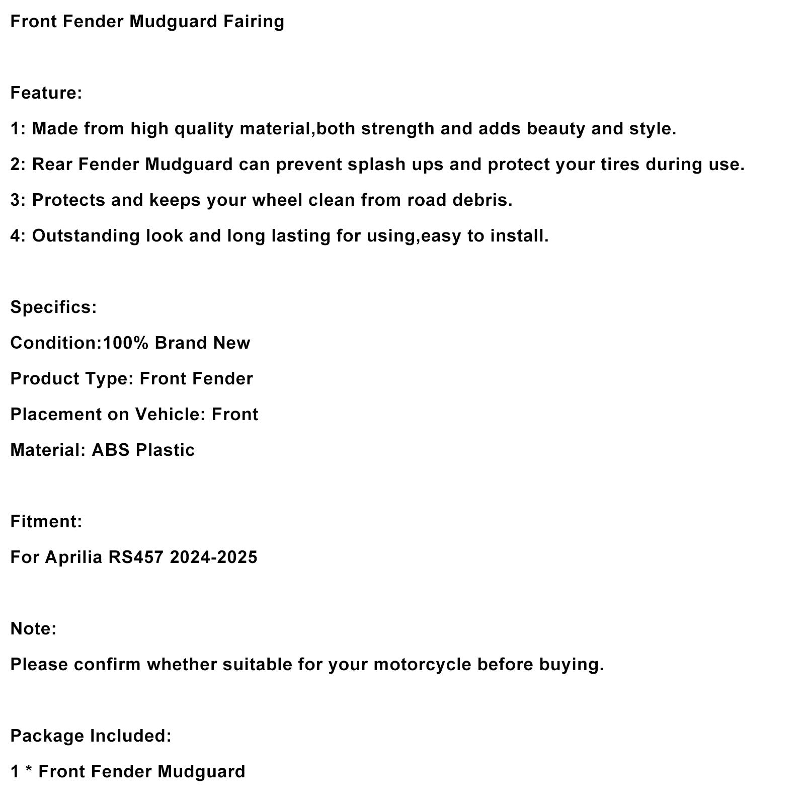 2024-2025 Aprilia RS457 RS 457 Front Fender Mudguard Fairing