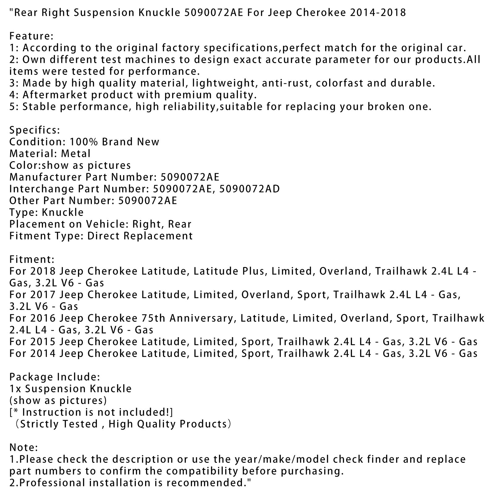Rear Right Suspension Knuckle 5090072AE For Jeep Cherokee 2014-2018