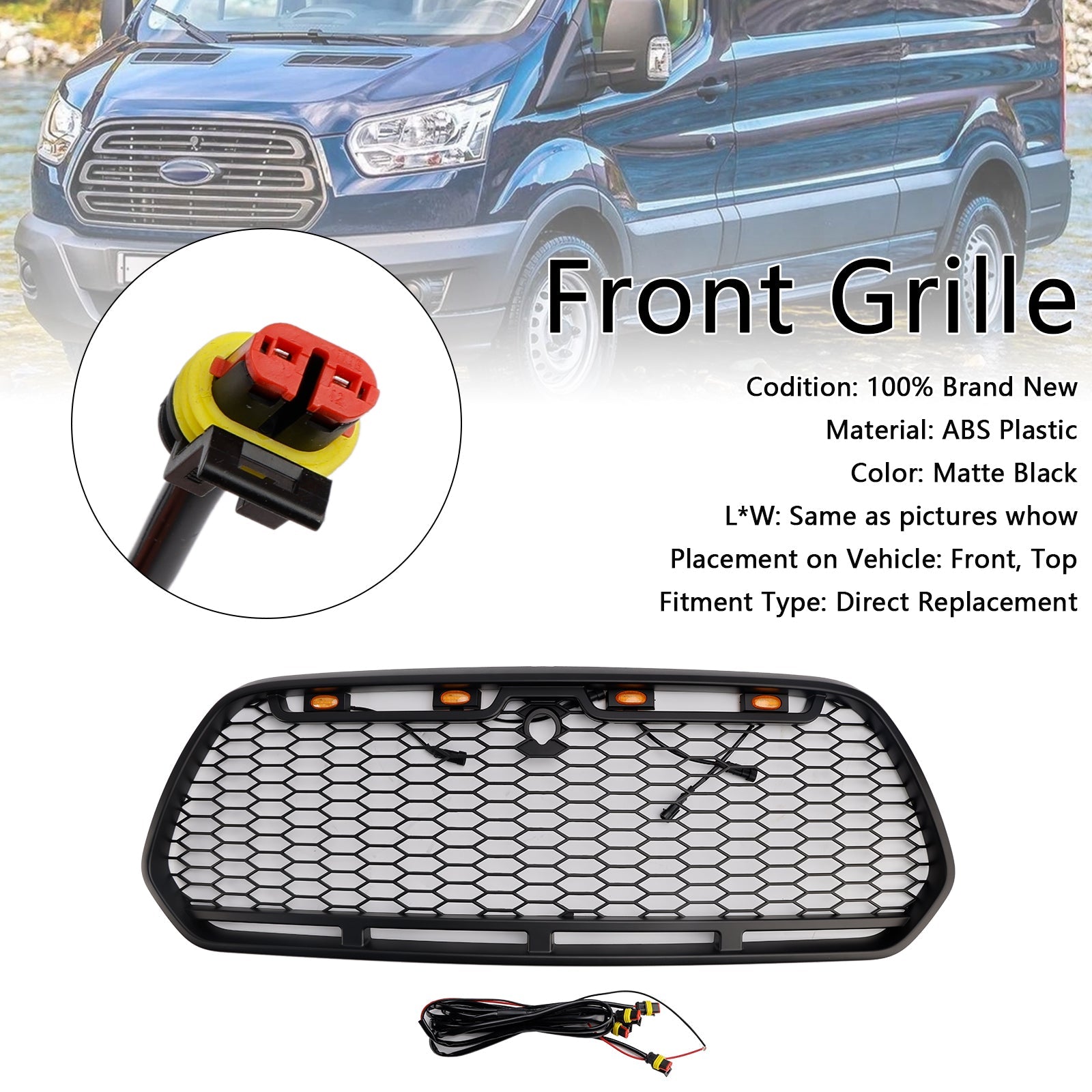 2015-2018 Ford Transit MK8 Raptor w/LED Matt Black Front Bumper Grill Grille
