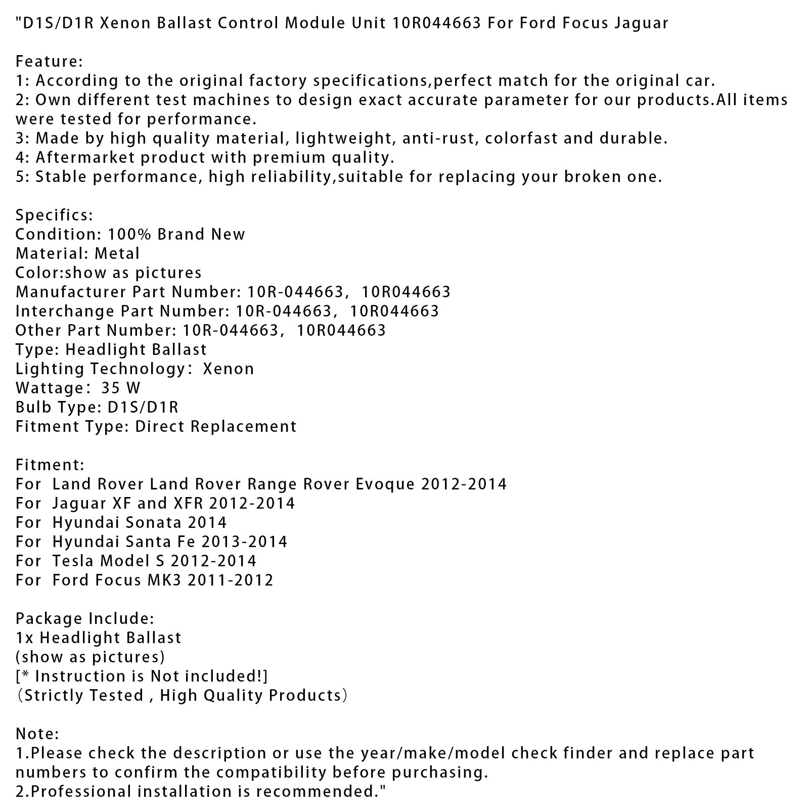 D1S/D1R Xenon Ballast Control Module Unit 10R044663 For Ford Focus Jaguar