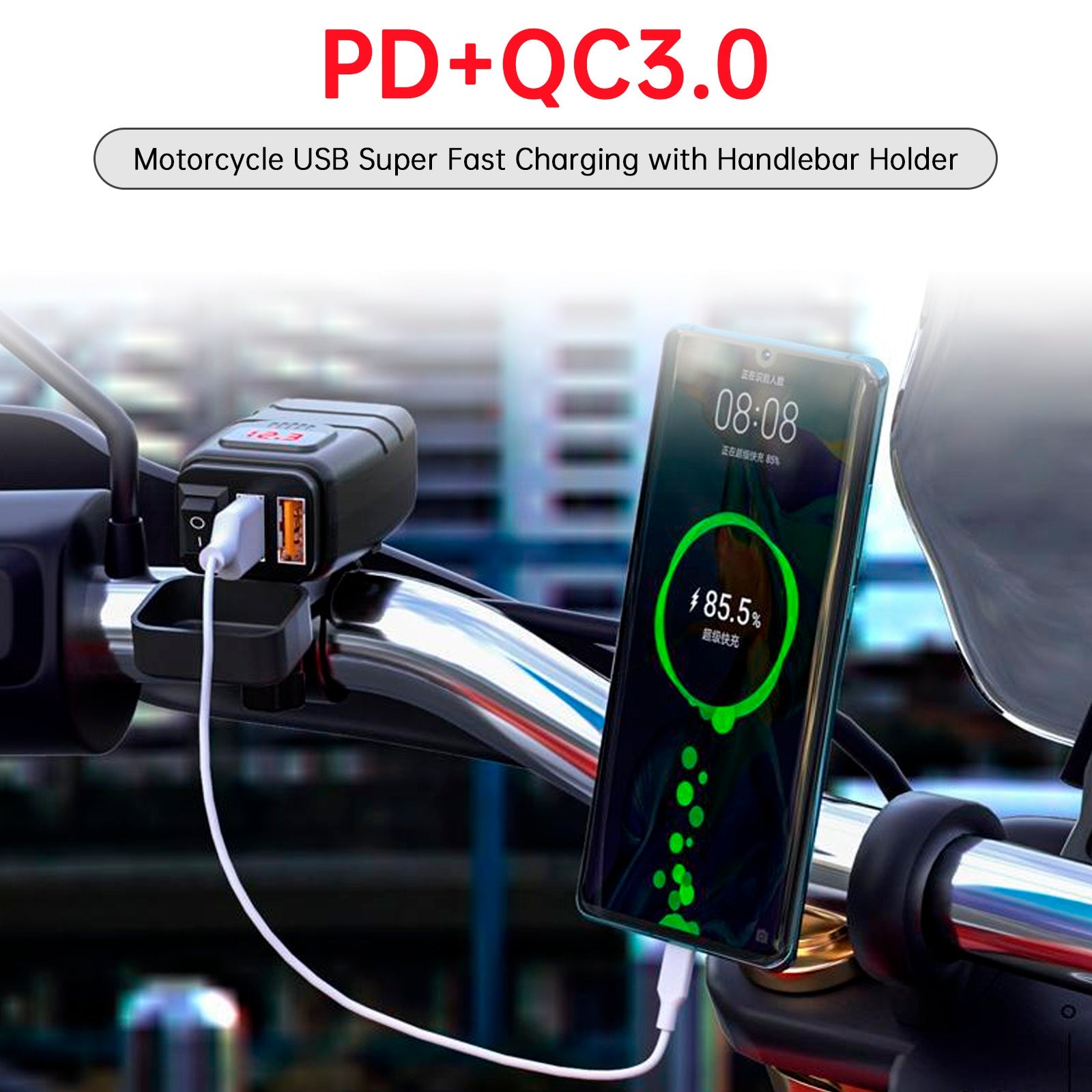 Motorcycle USB Super Fast Charger Handlebar Holder PD+QC3.0 Tpye-C Power Adapter