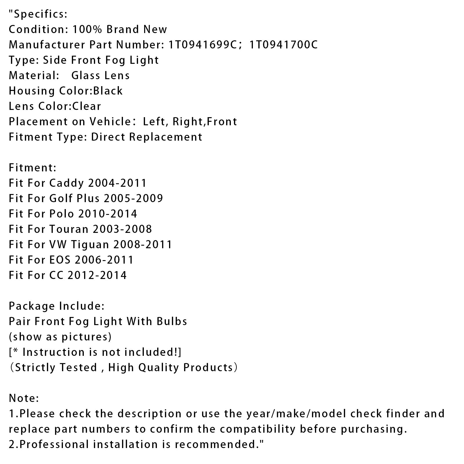Pair Front Fog Light For Volkswagen Polo 2010-2014 Tiguan 2008-2011