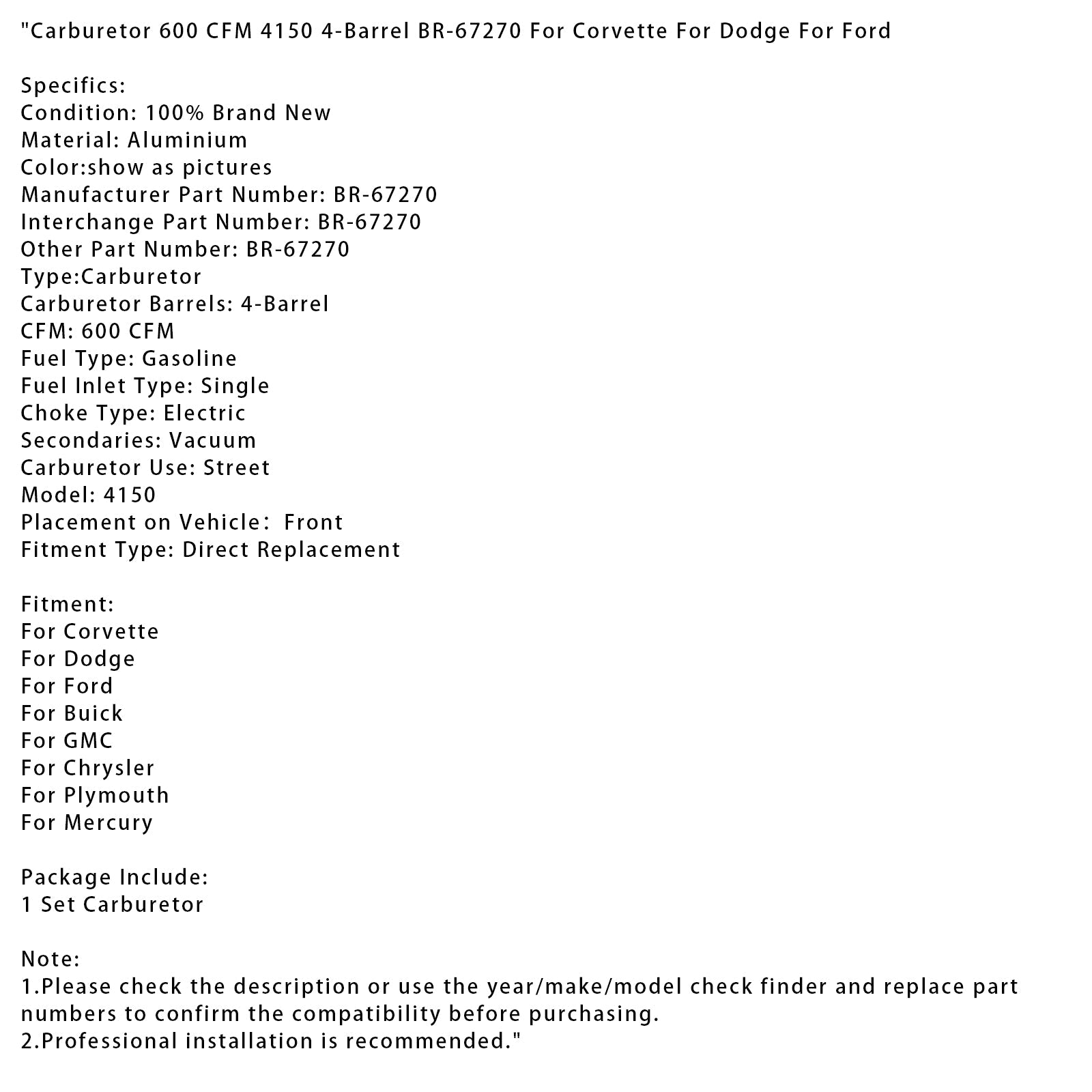 Carburetor 600 CFM 4150 4-Barrel BR-67270 For Corvette For Dodge For Ford
