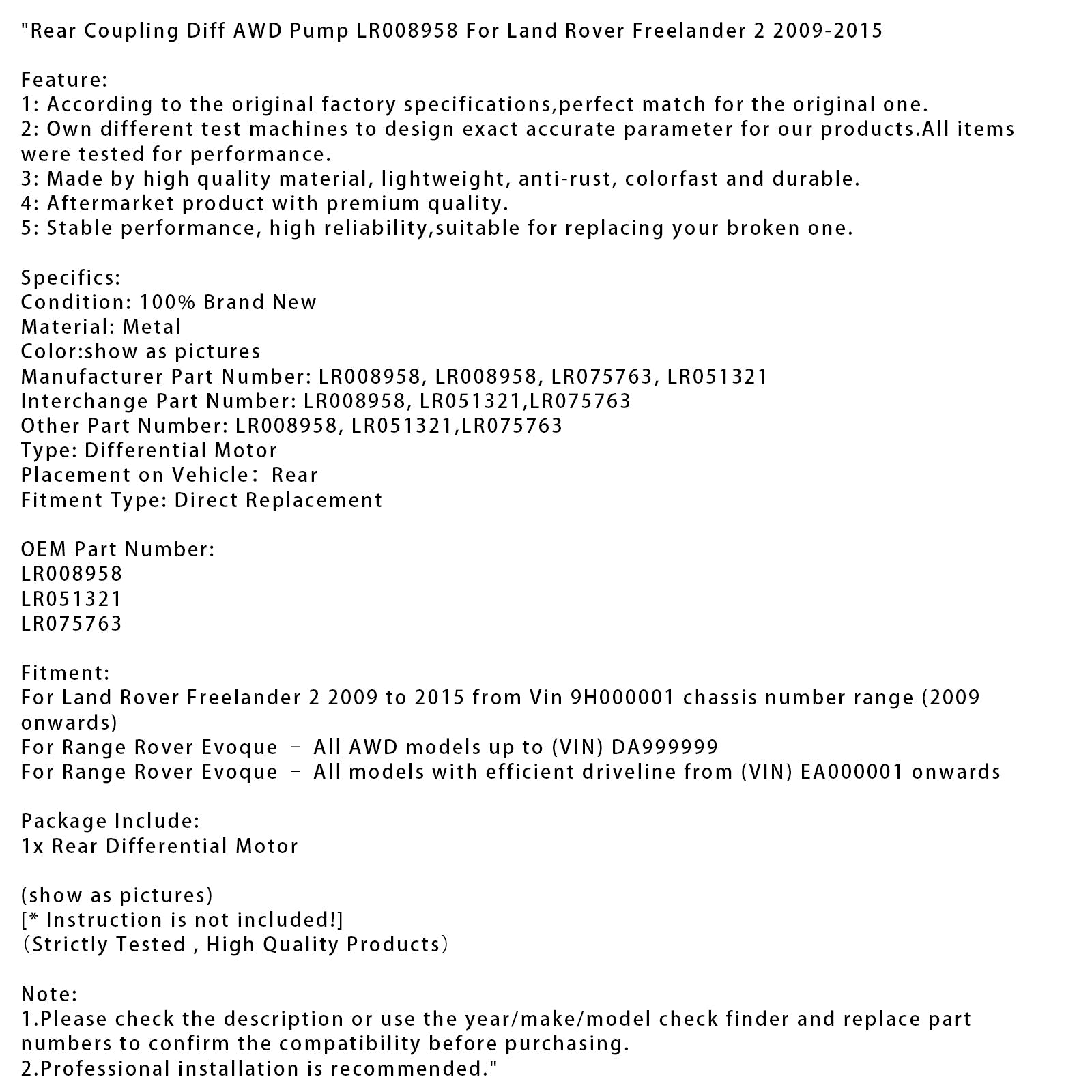 2009-2015 Land Rover Freelander 2 Rear Coupling Diff AWD Pump LR008958