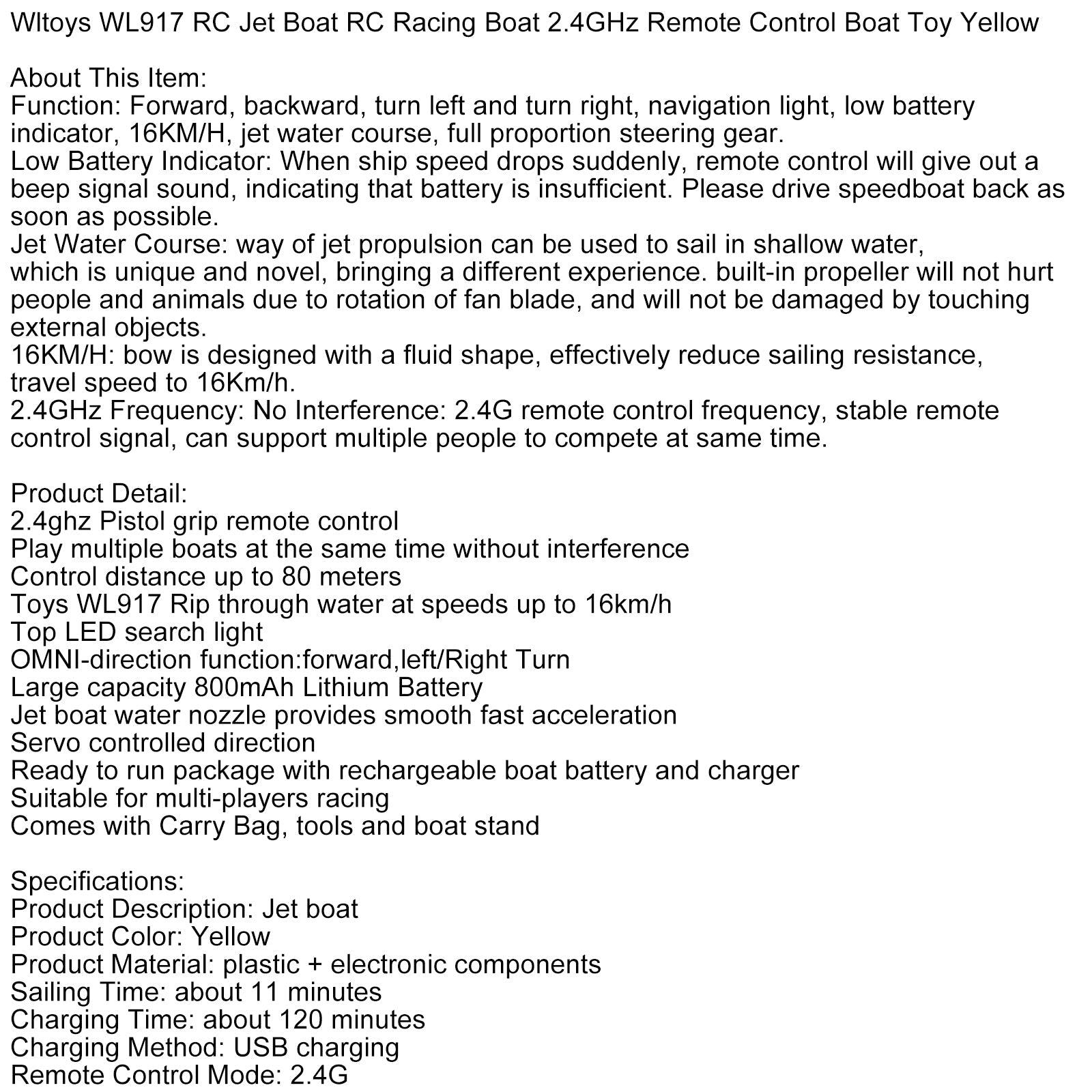 Wltoys WL917 RC Jet Boat RC Racing Boat 2.4GHz Remote Control Boat Toy Yellow