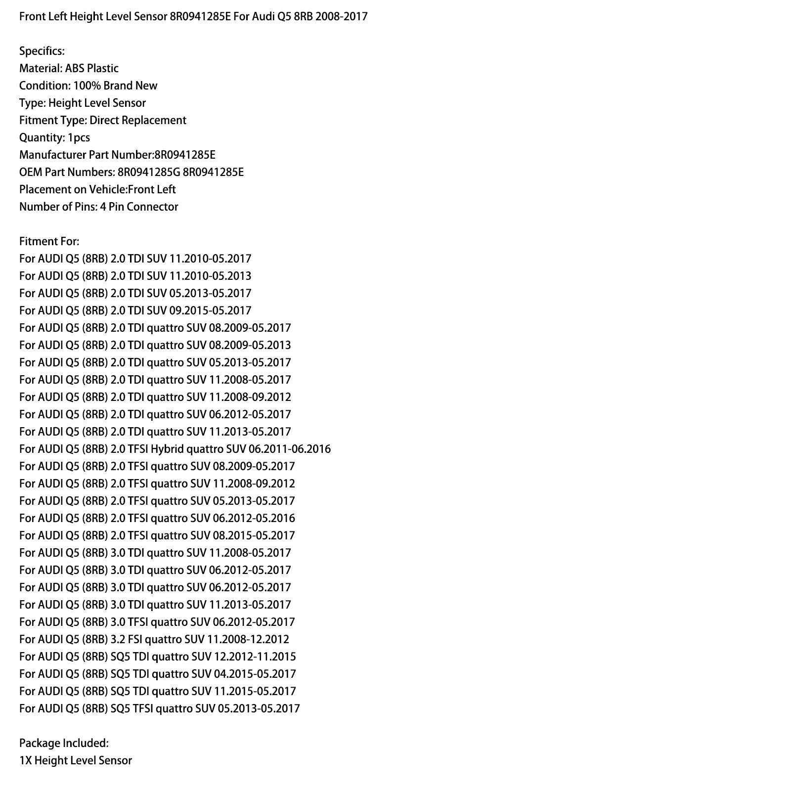 Front Left Height Level Sensor 8R0941285E For Audi Q5 8RB 2008-2017