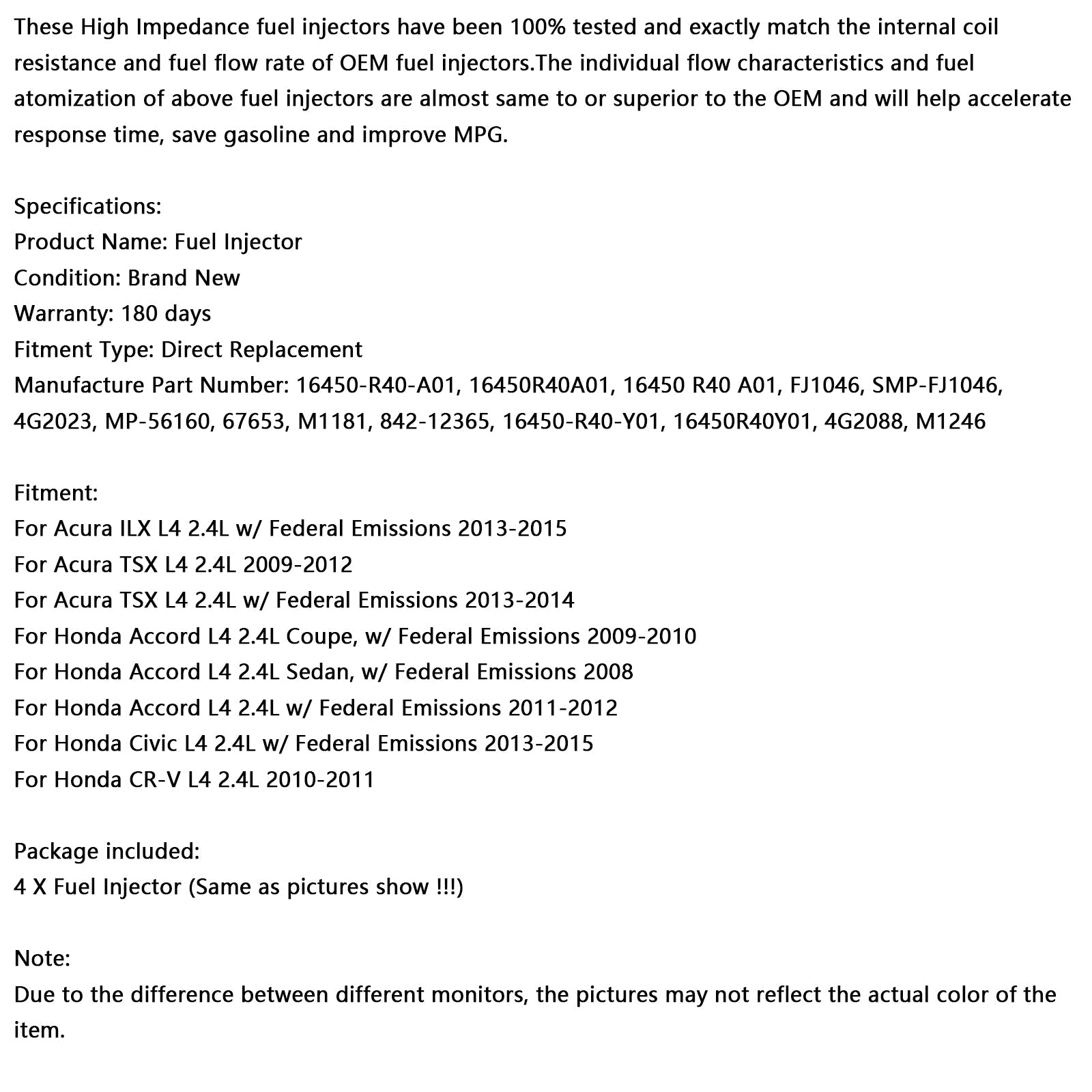 4PCS Fuel Injector 16450-R40-A01 Fit Honda Accord Civic CRV 2.4L 2008-2015