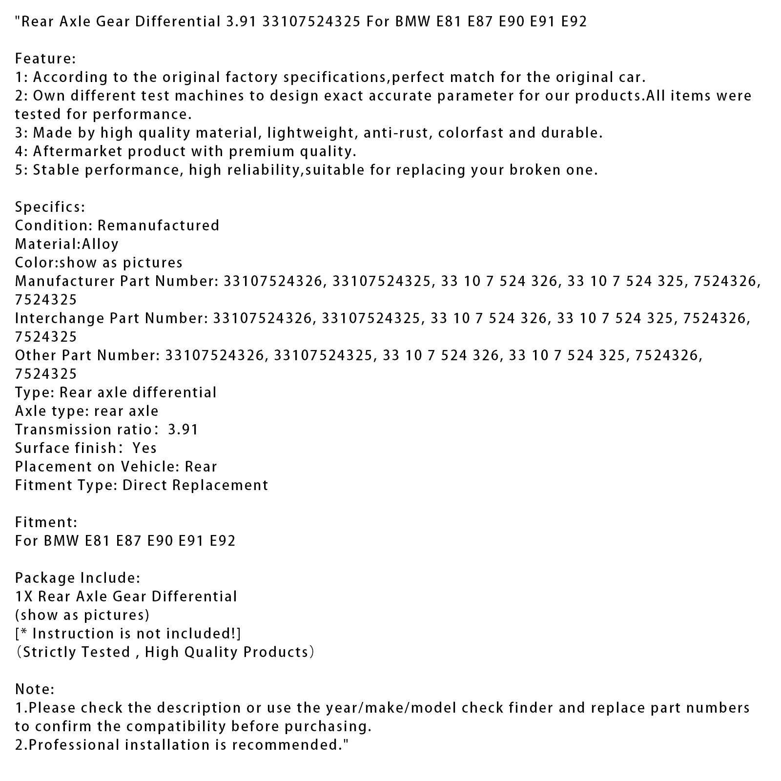BMW E81 E87 E90 E91 E92 Rear Axle Gear Differential 3.91 33107524325