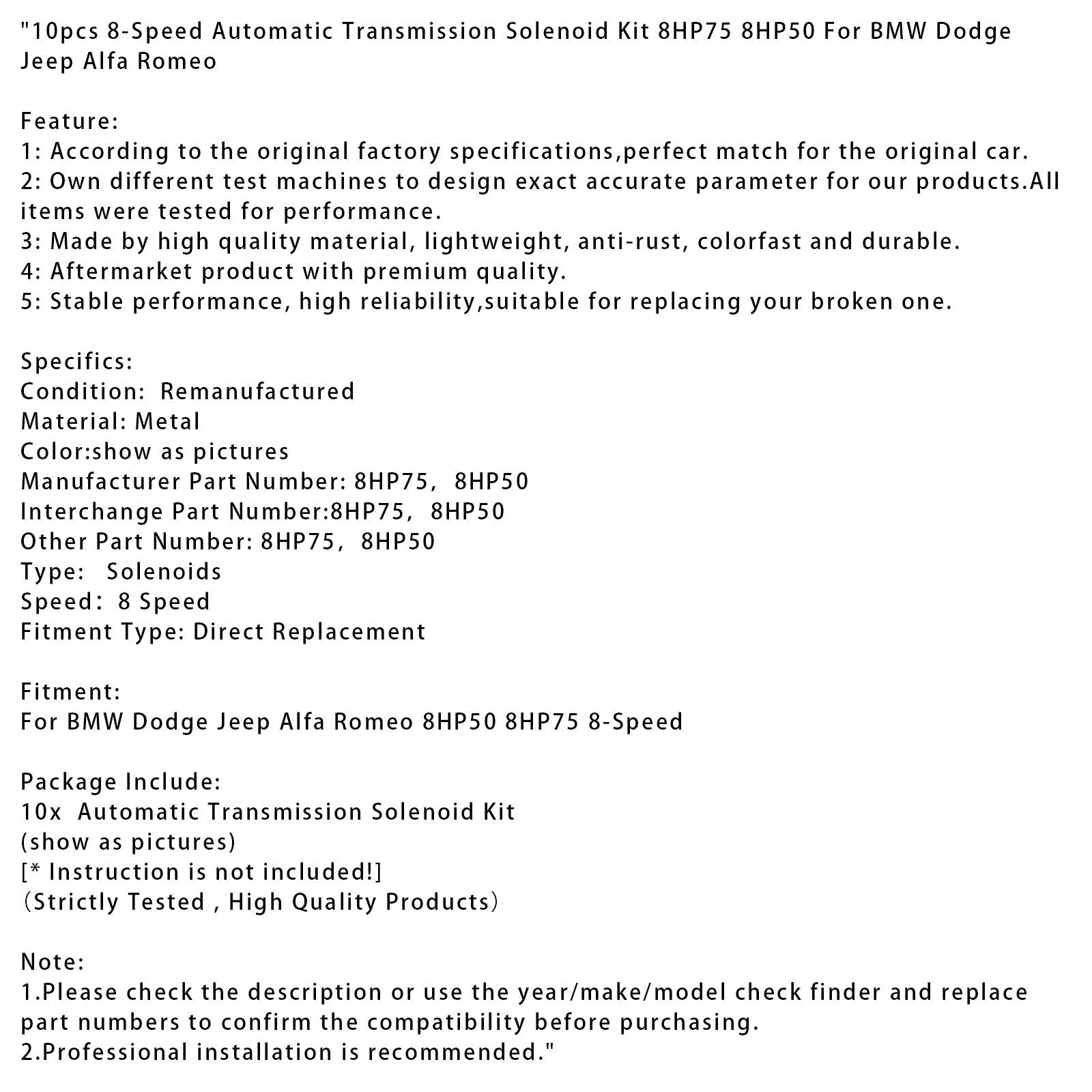 10pcs 8-Speed Automatic Transmission Solenoid Kit 8HP75 8HP50 For BMW For Dodge ForJeep For Alfa For Romeo