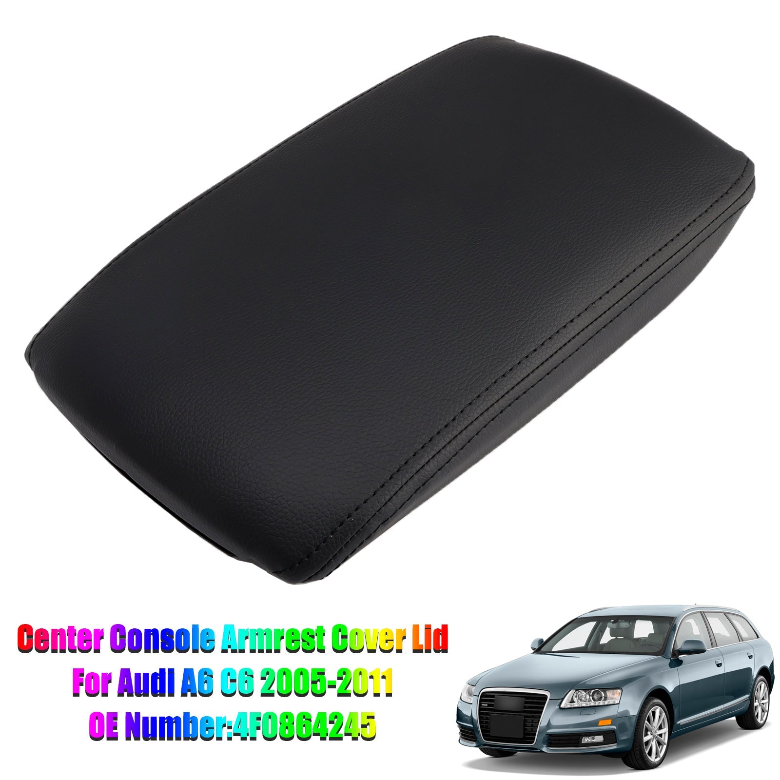 Black Leather Center Console Armrest Lid Cover For Audi A6 C6 2005-2011