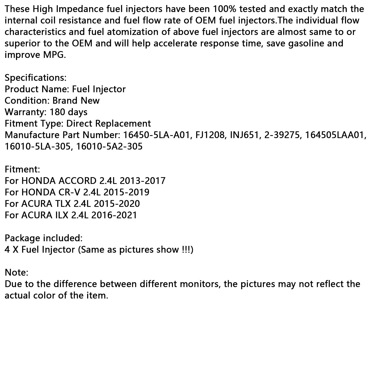 4PCS Fuel Injector 16450-5LA-A01 Fit CR-V TLX 2.4L 2015-2019 Fit Acura