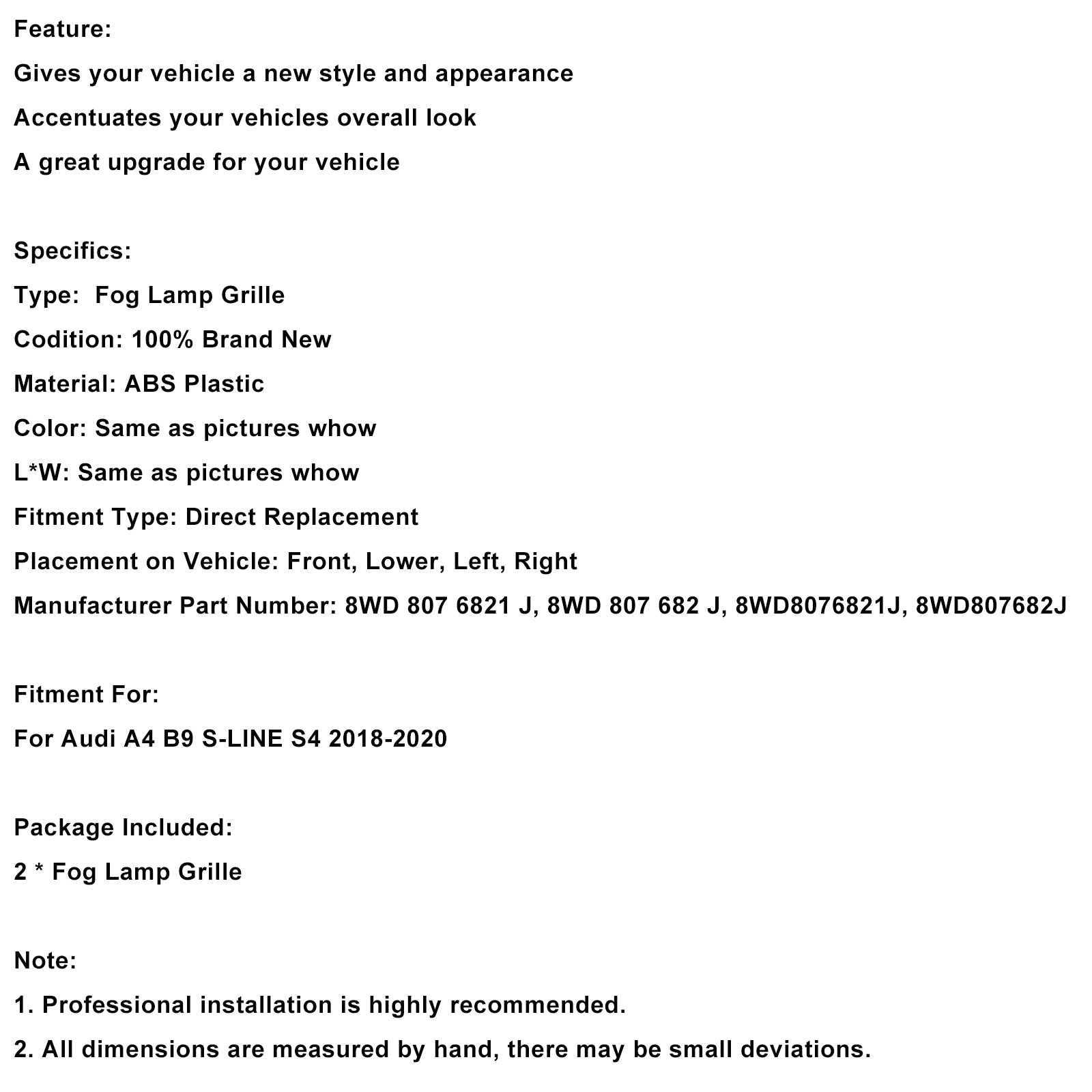 2018-2020 Audi A4 B9 S-LINE S4 Black Front Fog Light Grille Trim Cover