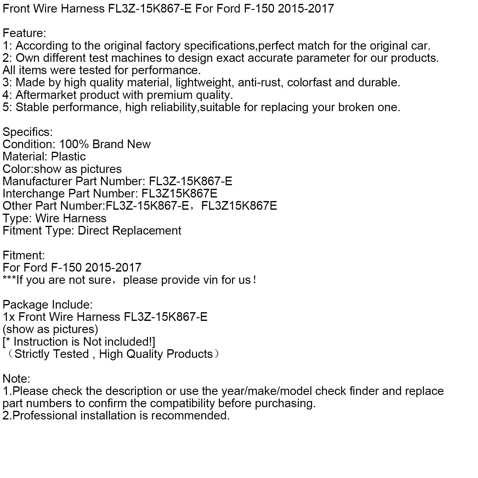 2015-2017 Ford F-150 Front Wire Harness FL3Z-15K867-E