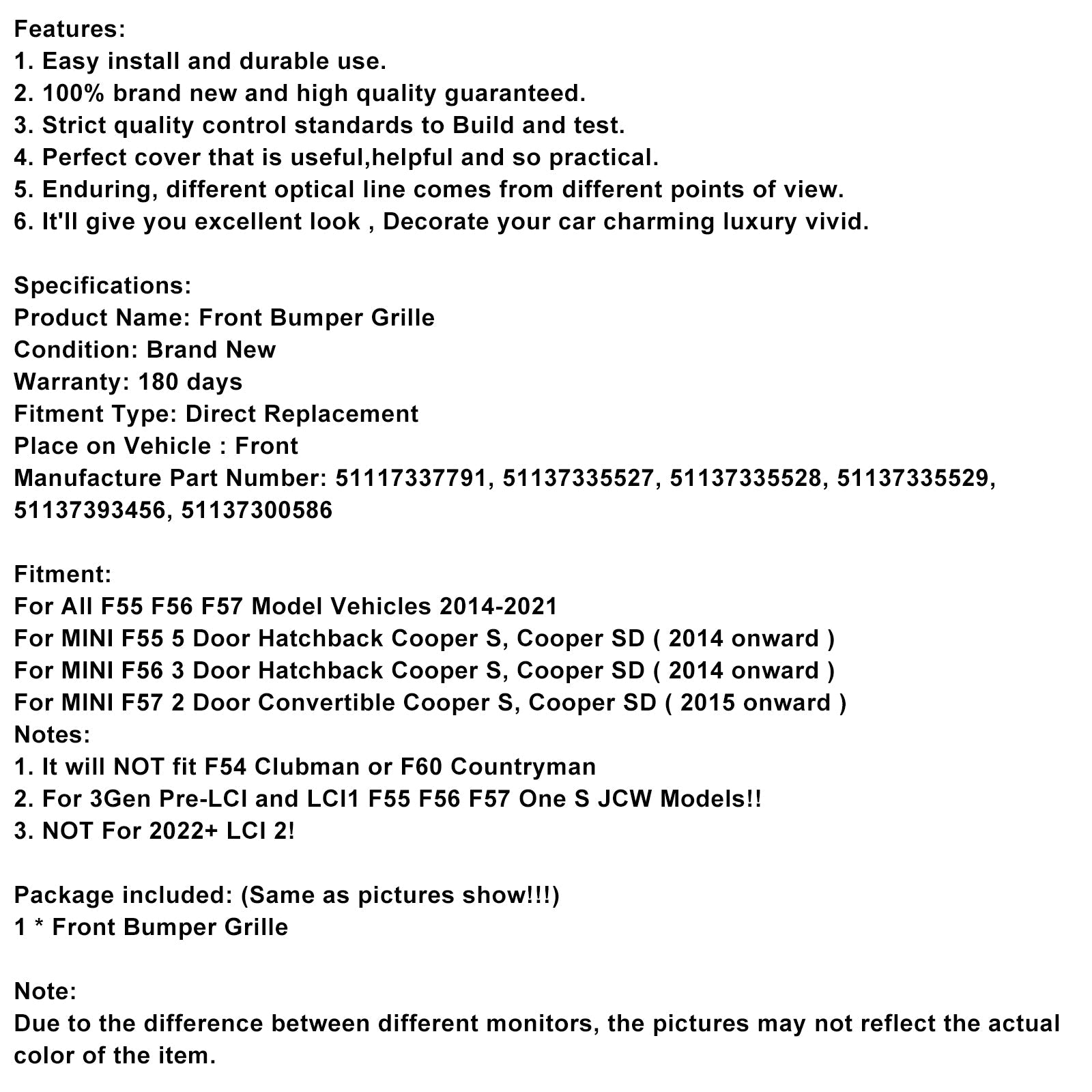 2014 onward MINI F56 3 Door Hatchback Cooper S, Cooper SD GP-Style Gloss Black Red Trim Front Grille