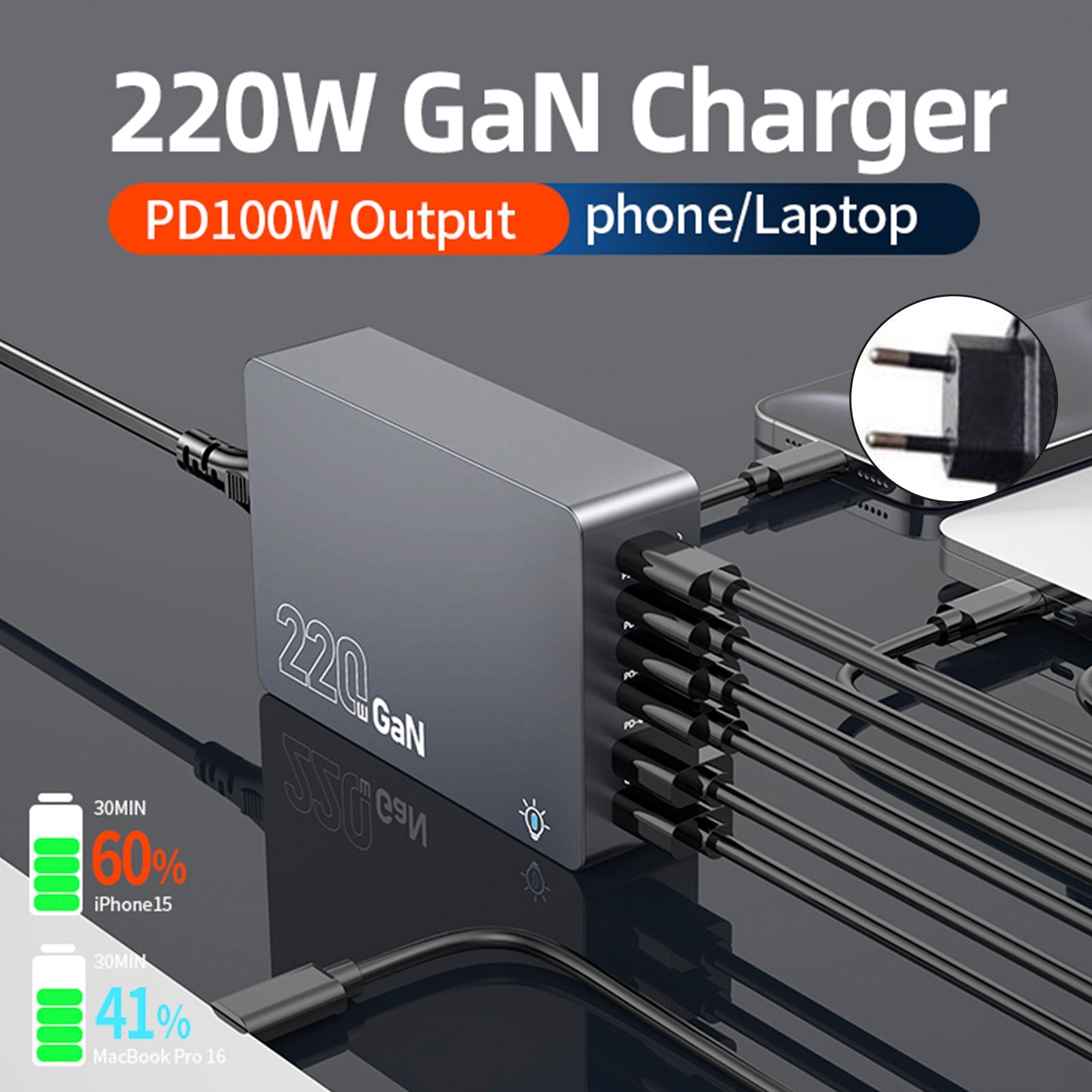 F8A Desktop Charging Station USB 6-Port Fast Charger PD100W Charging Stand Smart Charger EU Plug